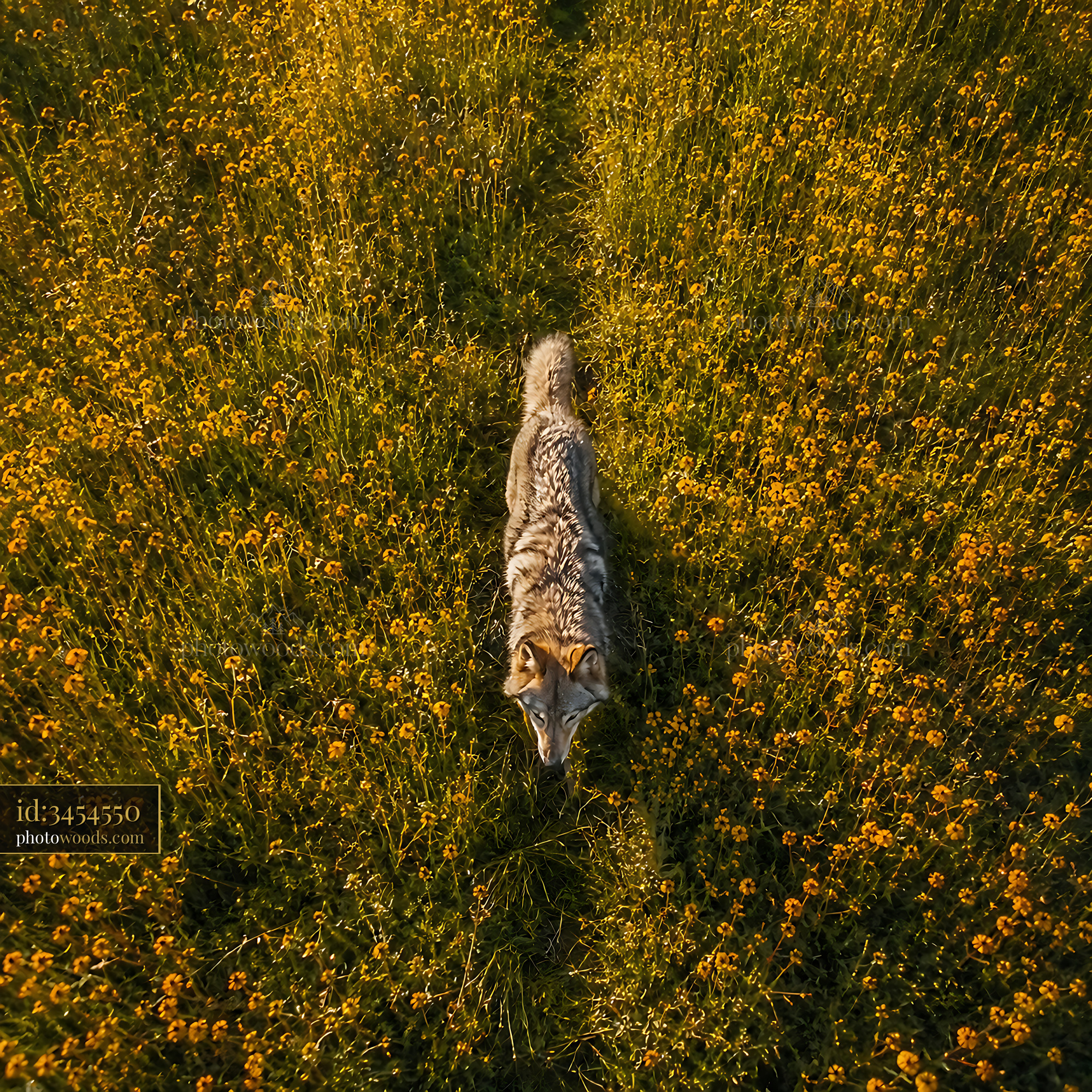 Wolf Walks Through a Field of Yellow Flowers Under Clear Sky