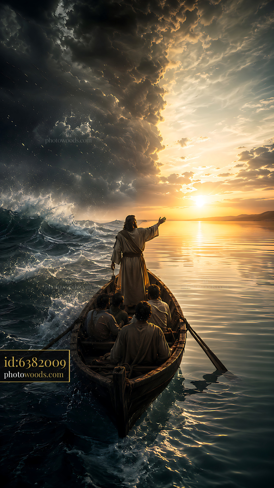 Man Stands in Boat on Water With Wave and Sunset Scene