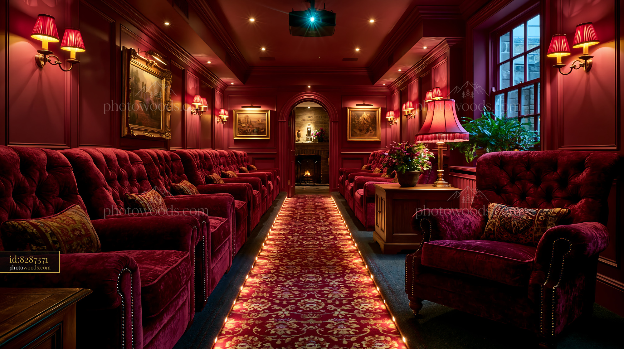 Basement Cinema With Red Velvet Seating and Cozy Lighting
