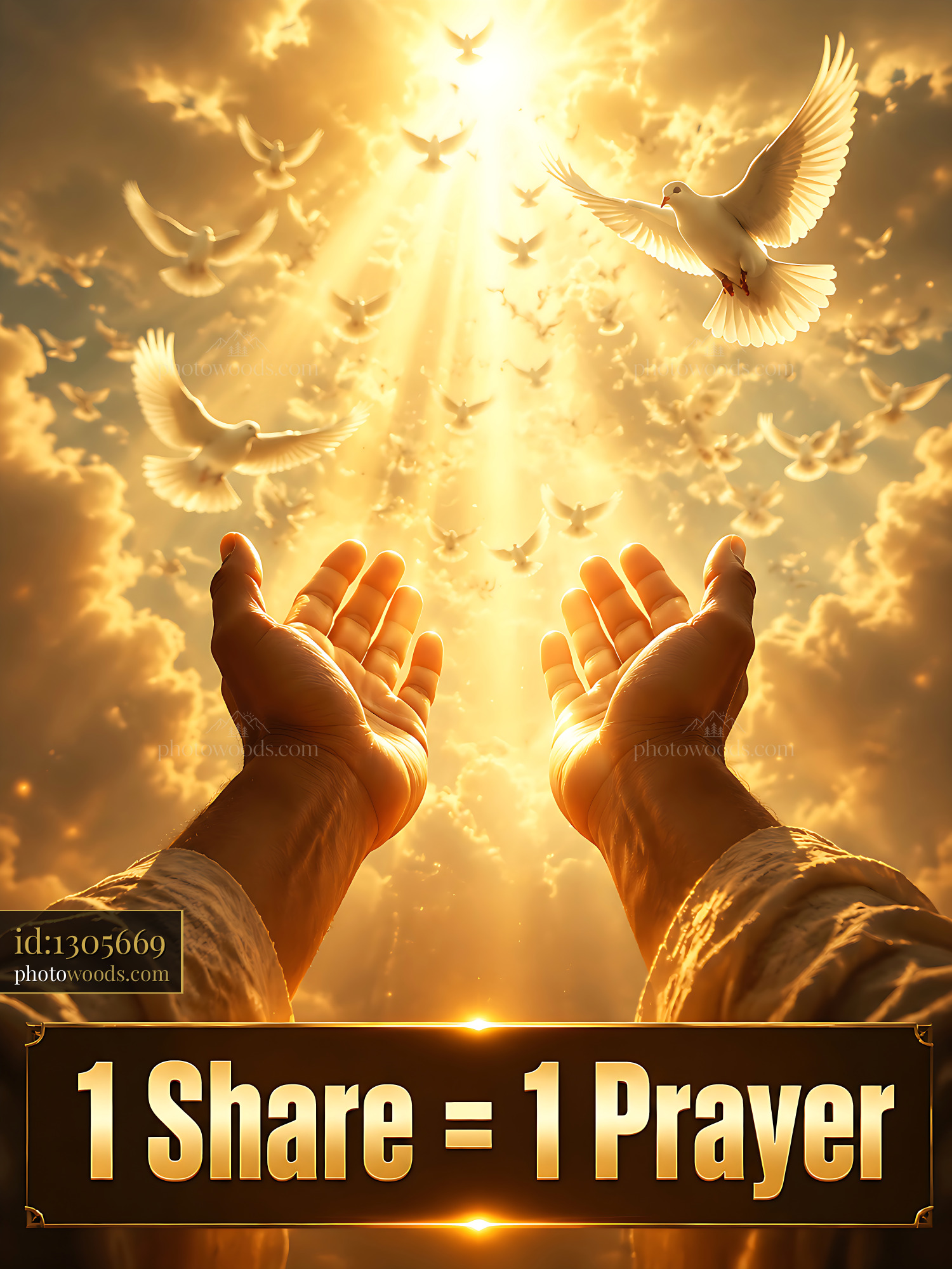 Hands Raised Towards Light With Doves Flying in the Sky