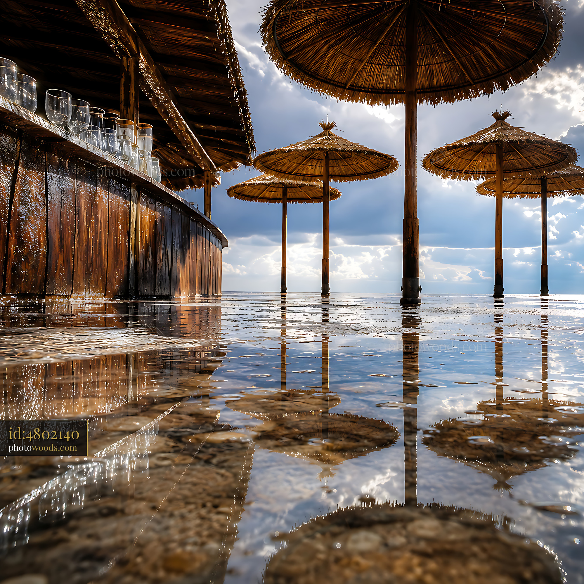 Umbrellas on Beach With Reflections in Water During Sunset