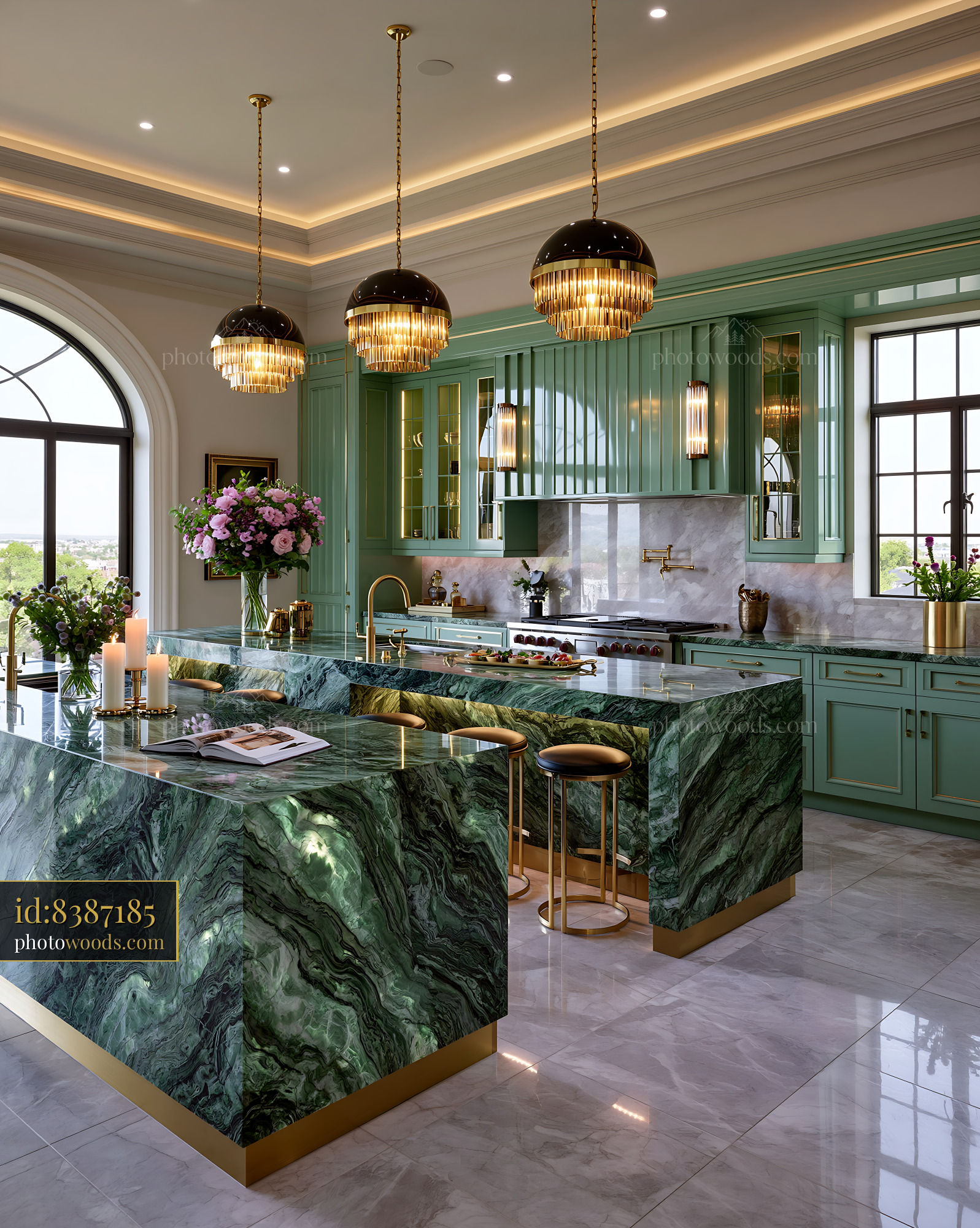 Art Deco Inspired Luxury Kitchen With Green Marble and Gold Accents