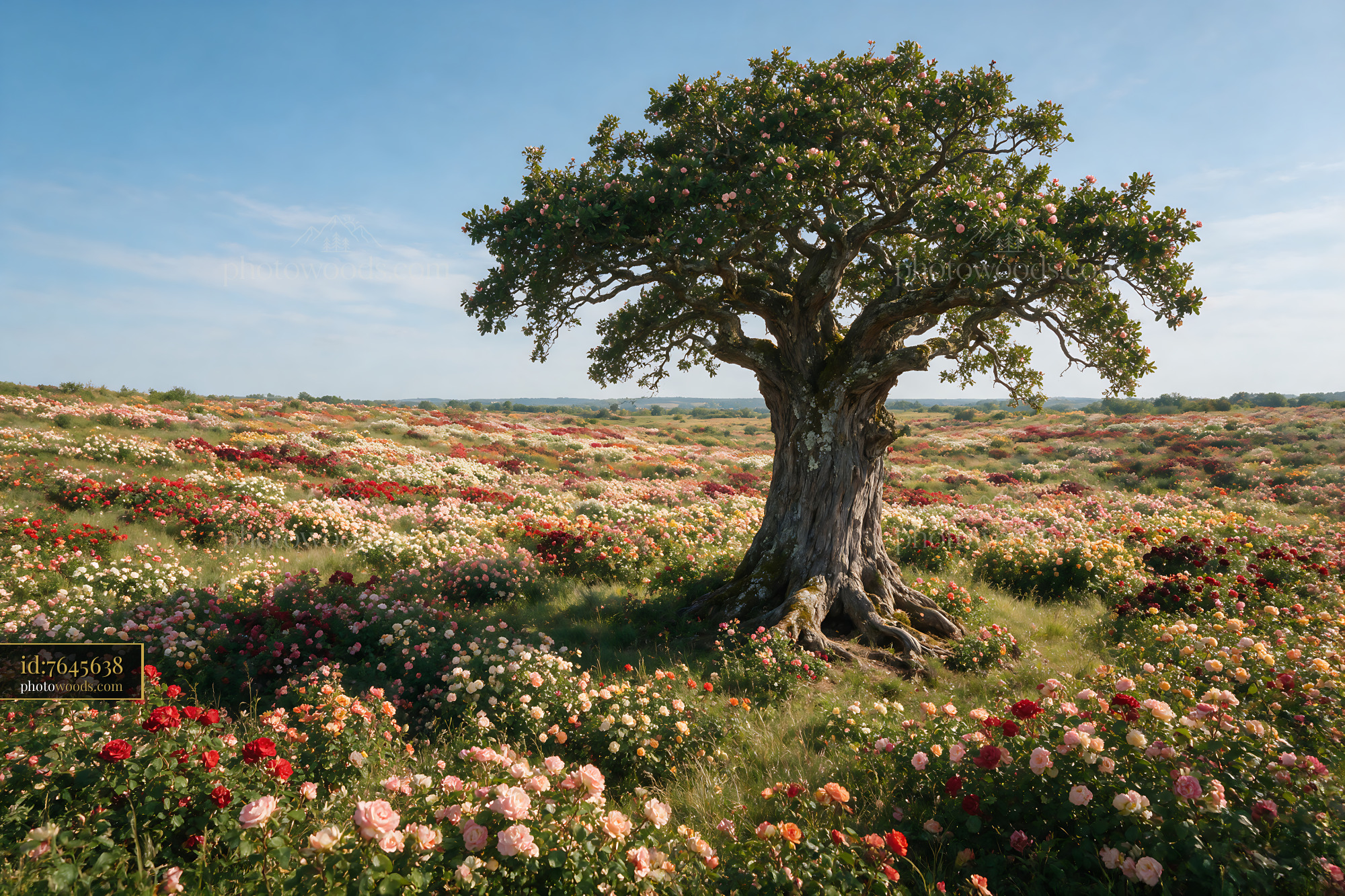 Tree in a Field of Colorful Flowers in Bloom at Sunny Afternoon