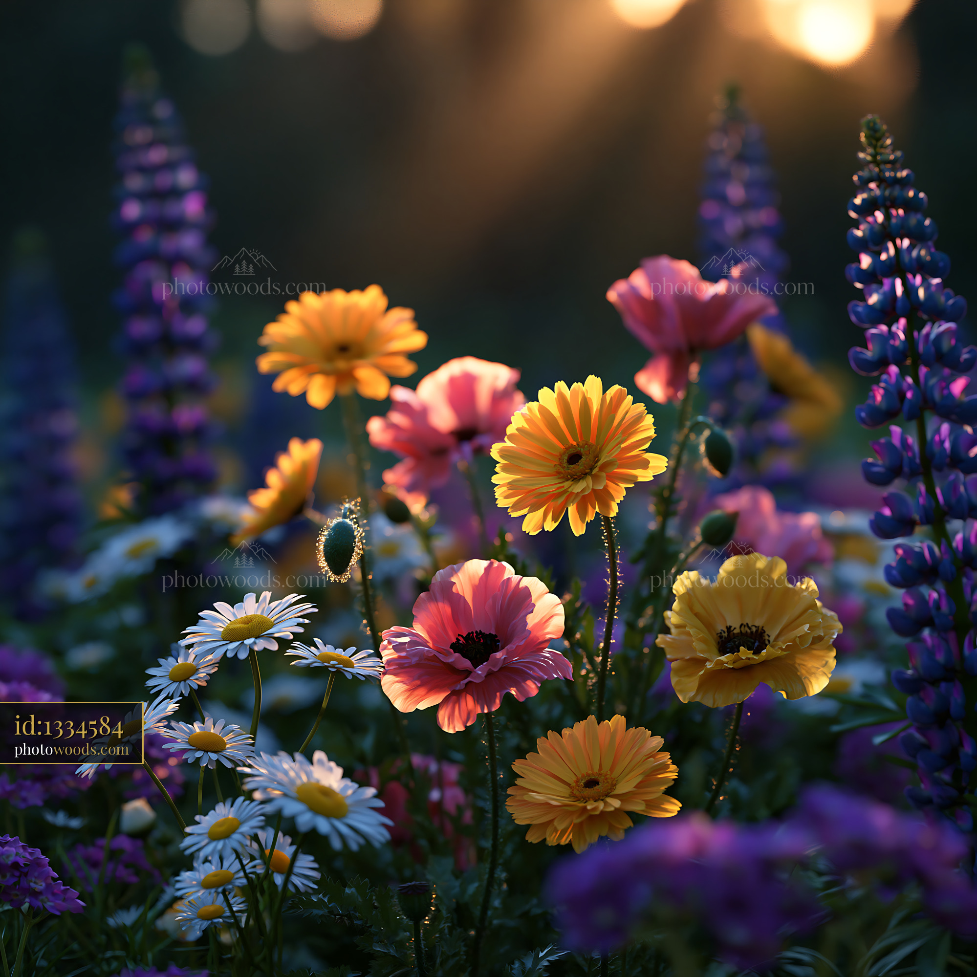 Flowers Bloom in a Garden as Sunlight Shines Through Trees