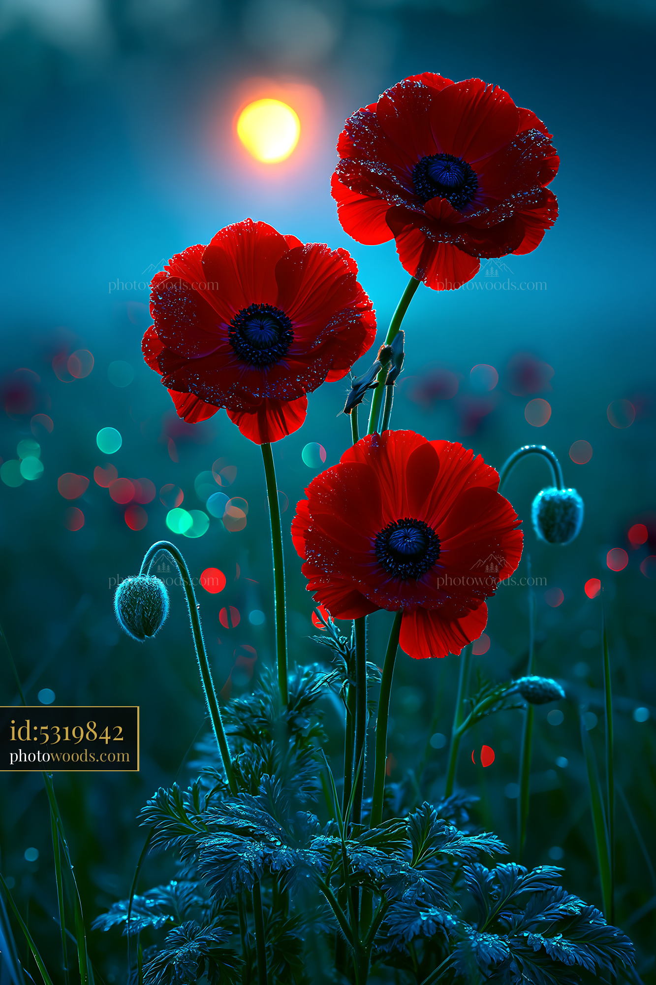 Red Flowers Bloom in Field at Sunrise With Dew Glistening