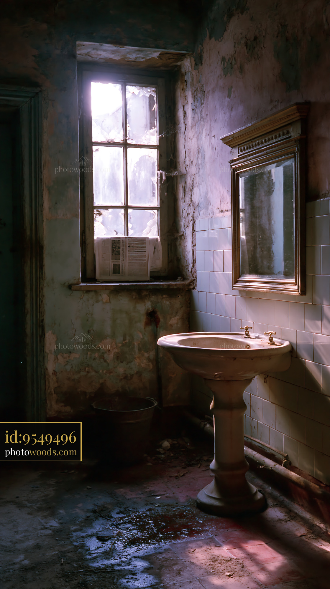 Damp Washroom With Cracked Mirror and Peeling Walls
