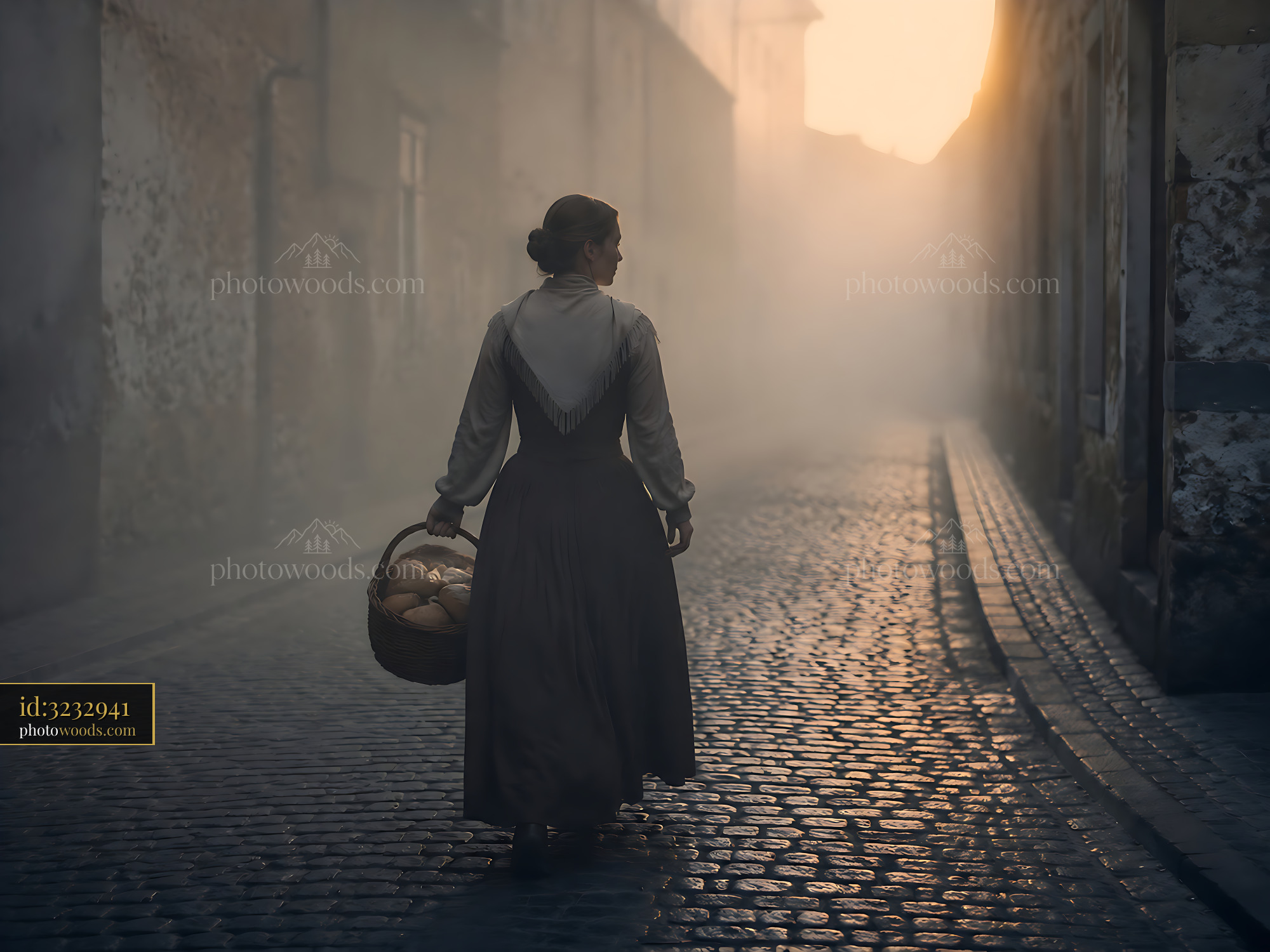 Woman Walking on Cobblestone Street With Basket at Sunset