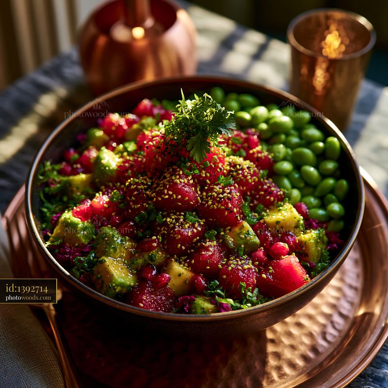 Colorful Poke Bowl With Tuna, Avocado and Edamame on Table