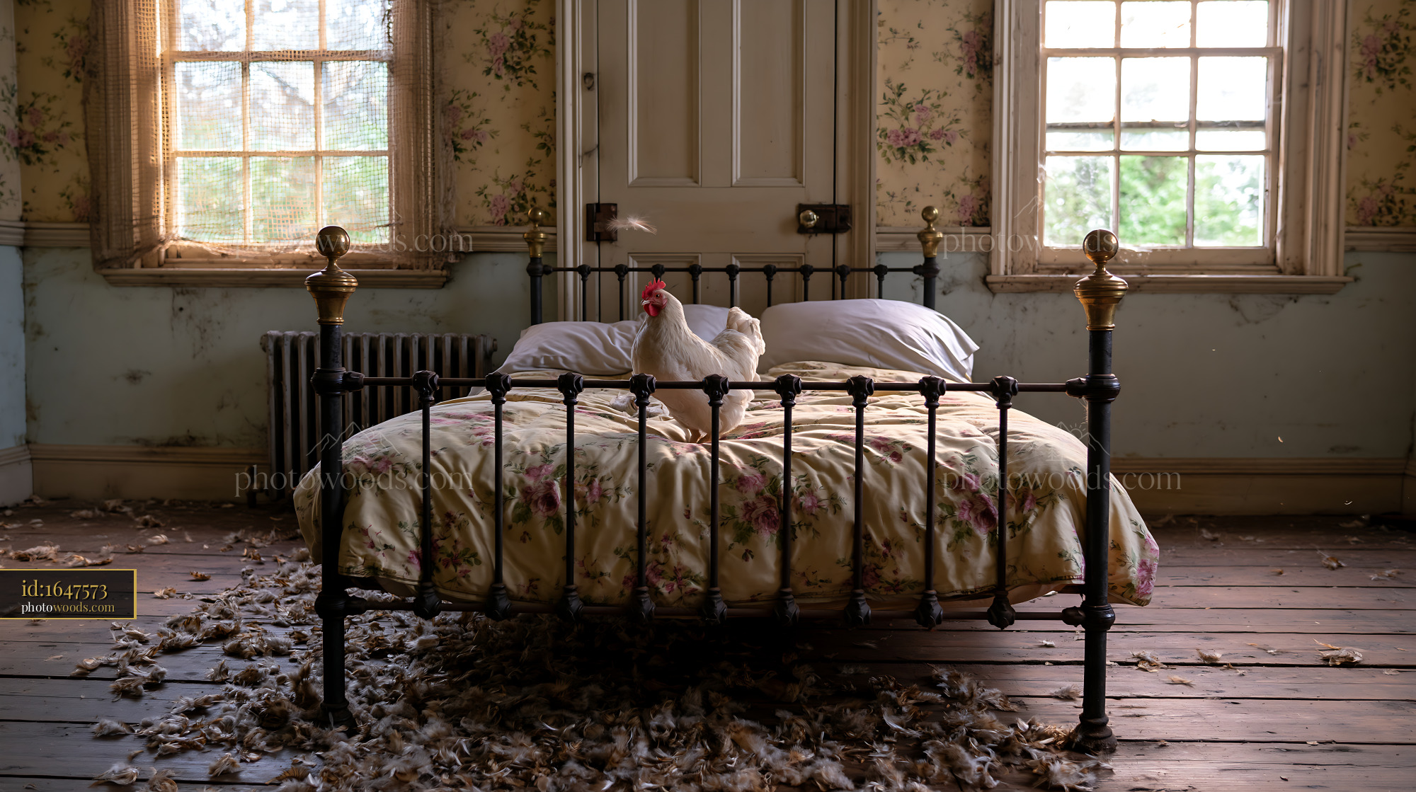 Chickens Indoors in a Rural Bedroom With Iron Bed Frame