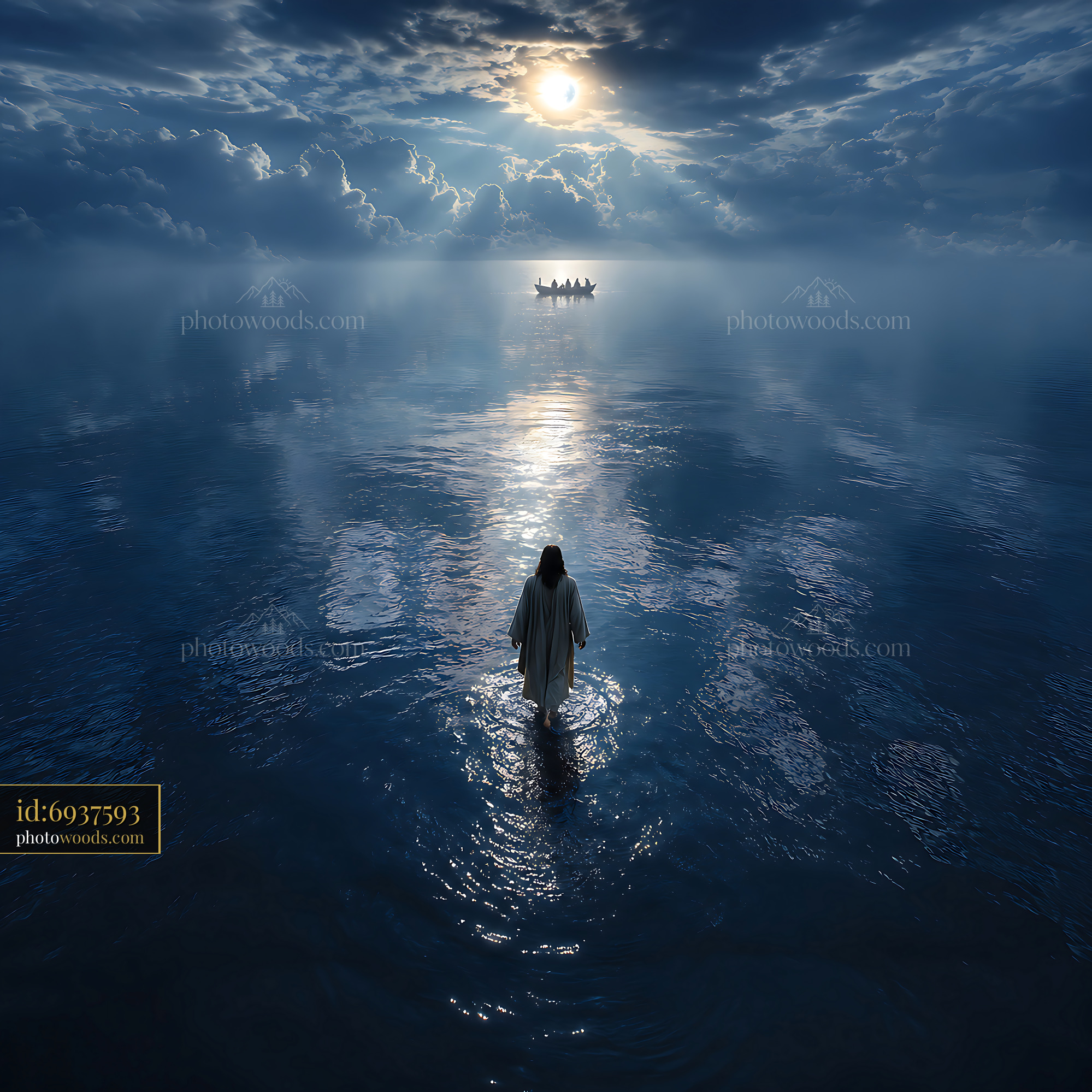 Person Walking in Water Under Cloudy Sky With Boat in Distance