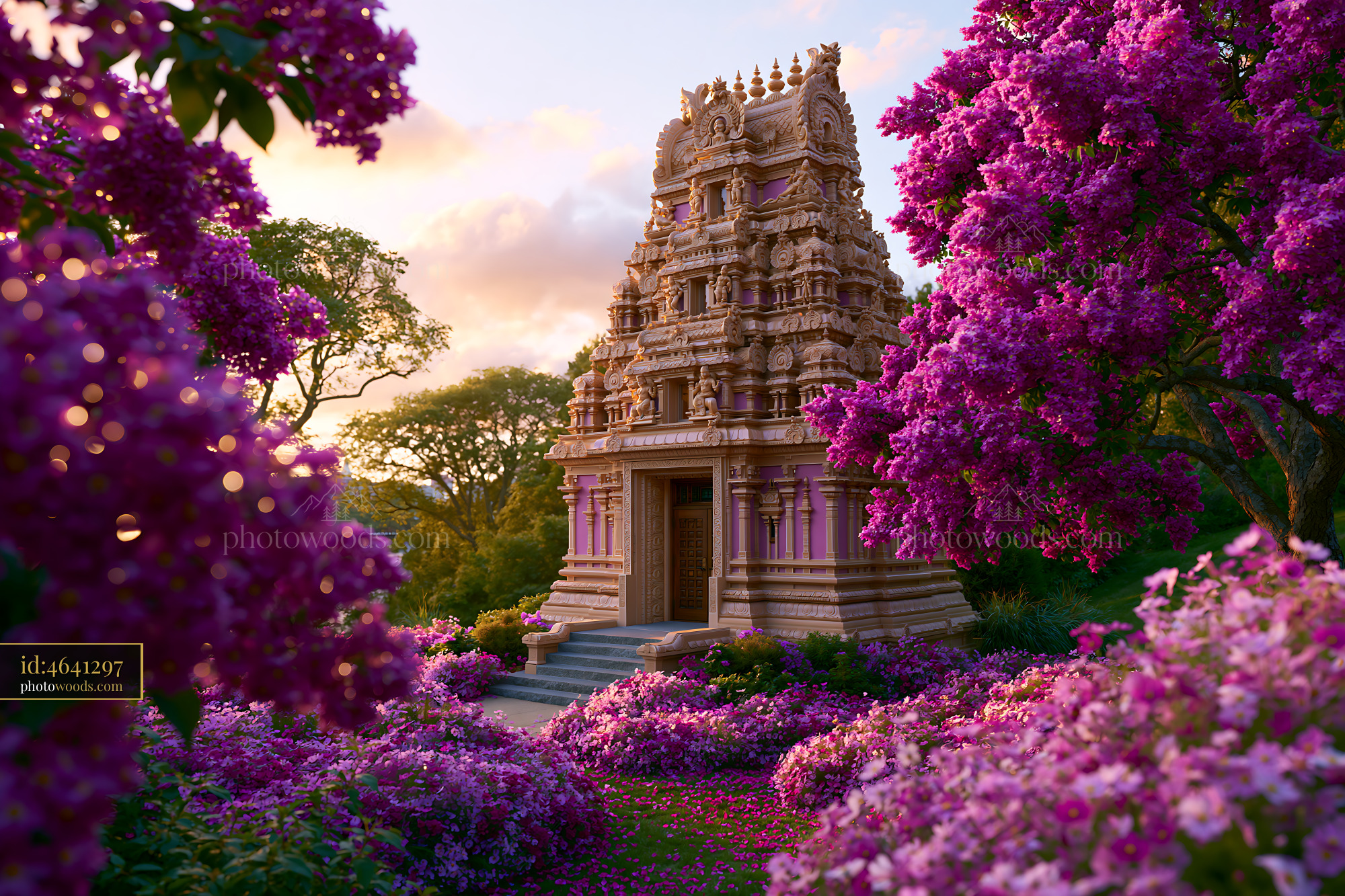 Hindu Temple Surrounded by Blooming Bougainvillea in Sunset