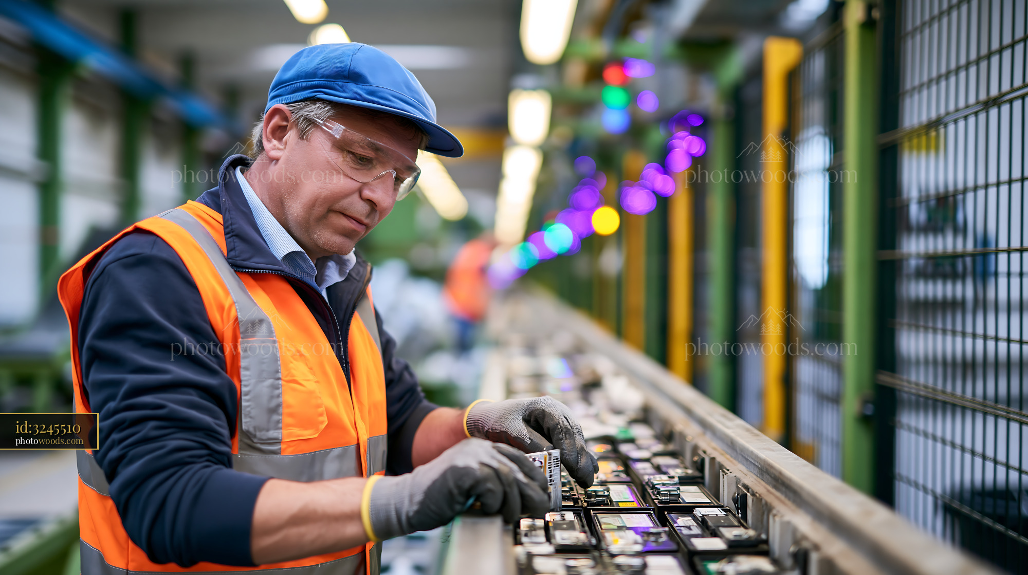 Worker at a Battery Recycling Line in Workshop Setting
