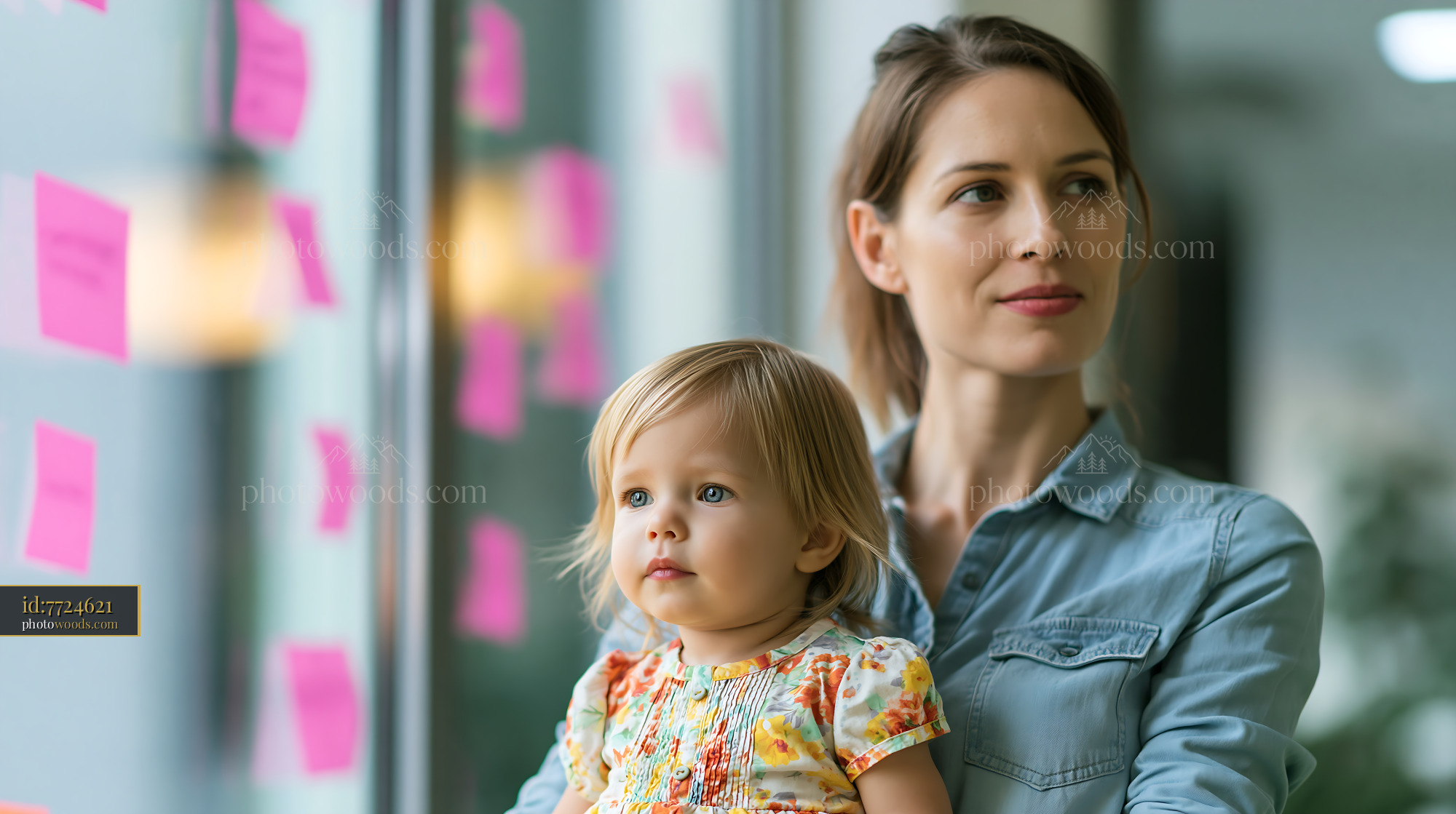 Working Mother Holds Toddler While Planning at the Office