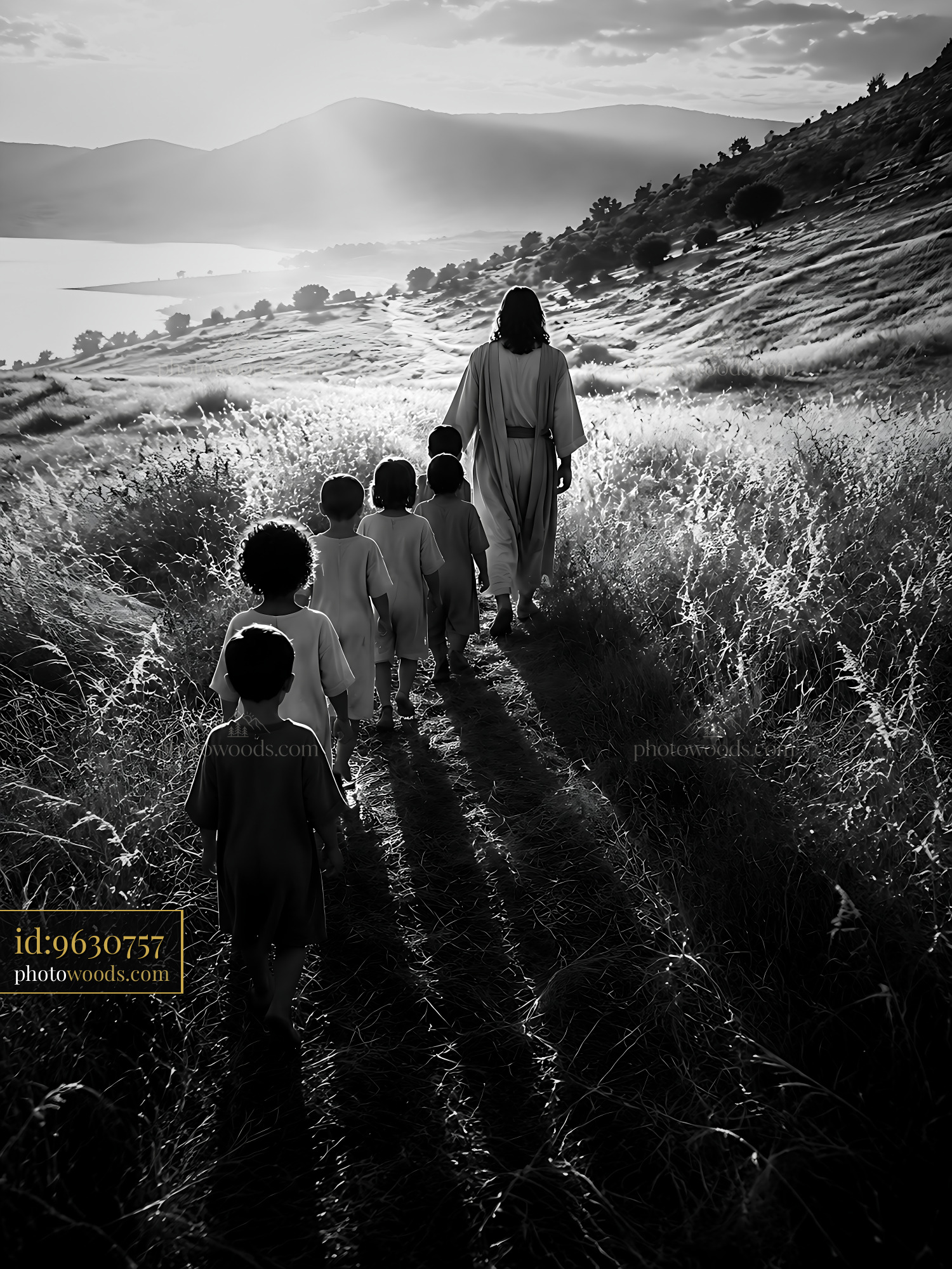 Jesus Walks With Children Along a Path in a Natural Setting