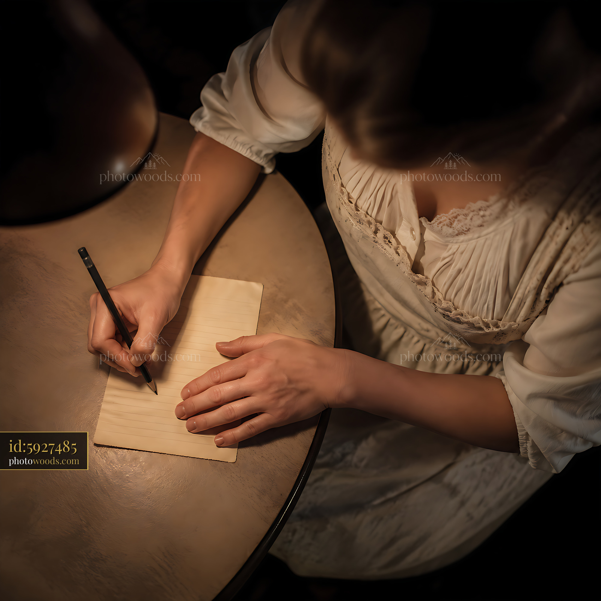 Woman Writing on a Wooden Desk in Soft Light