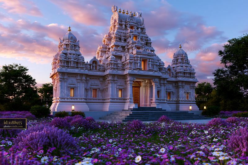 Ornate Hindu temple surrounded by flowers at sunset