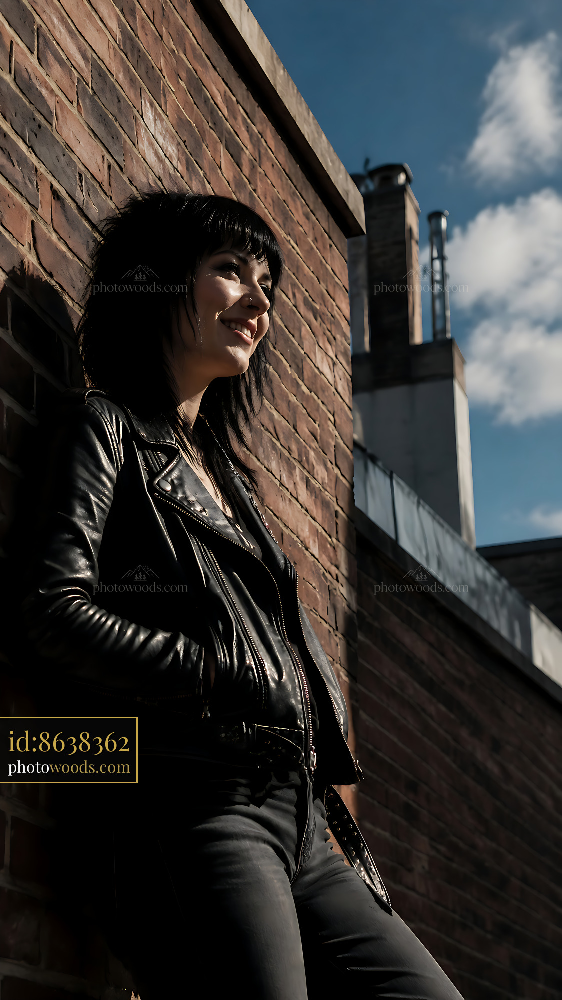 Woman Standing Against Brick Wall Smiling in Urban Environment