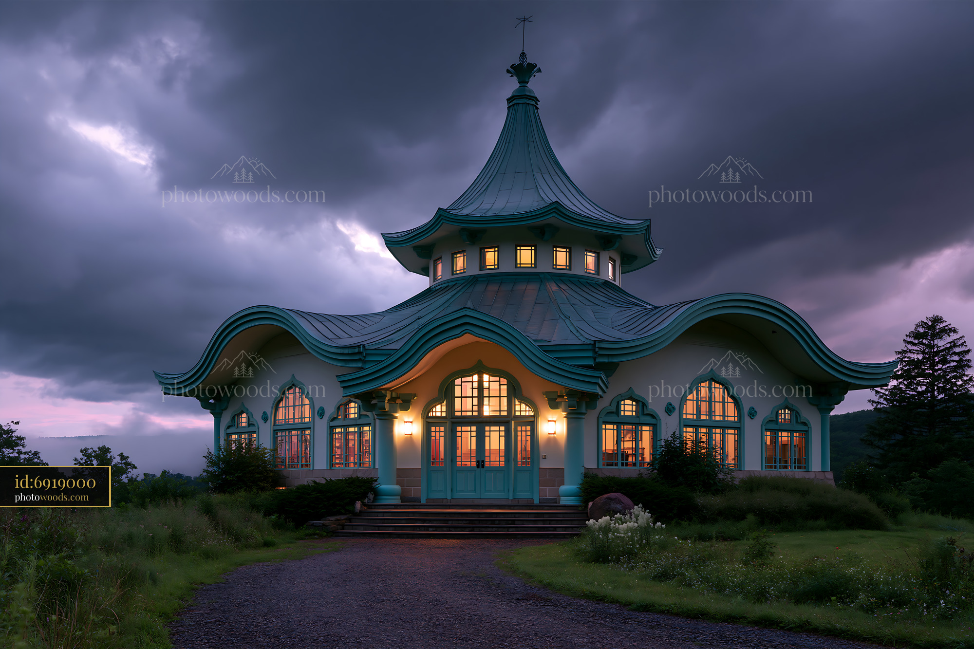 Zen Temple Building in Dramatic Evening Light, Japan