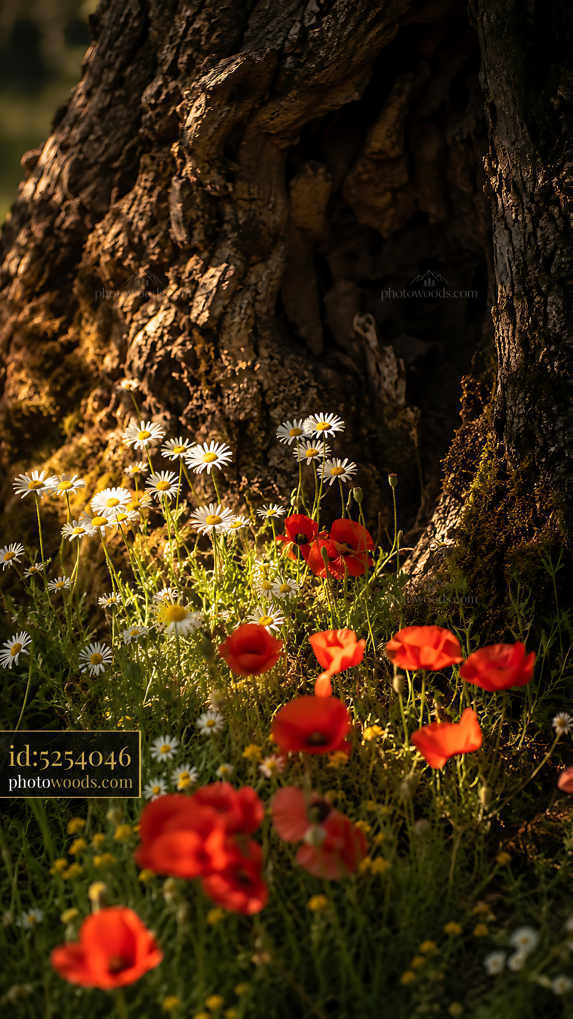 Flowers Grow Near Tree Trunk With Sunlight Shining on Them
