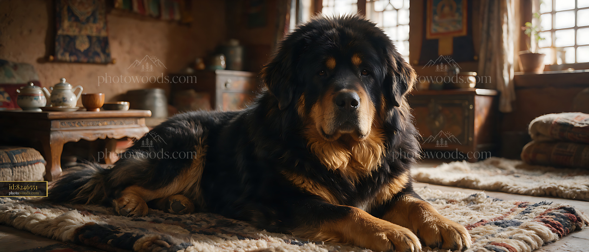 Large black and tan dog resting on a rug at home