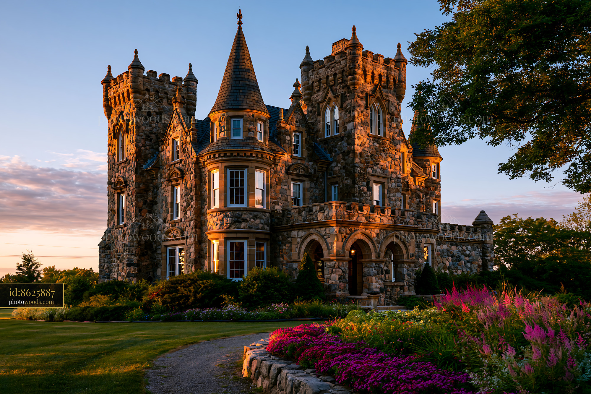 Castle at Sunset in a Garden With Flowers