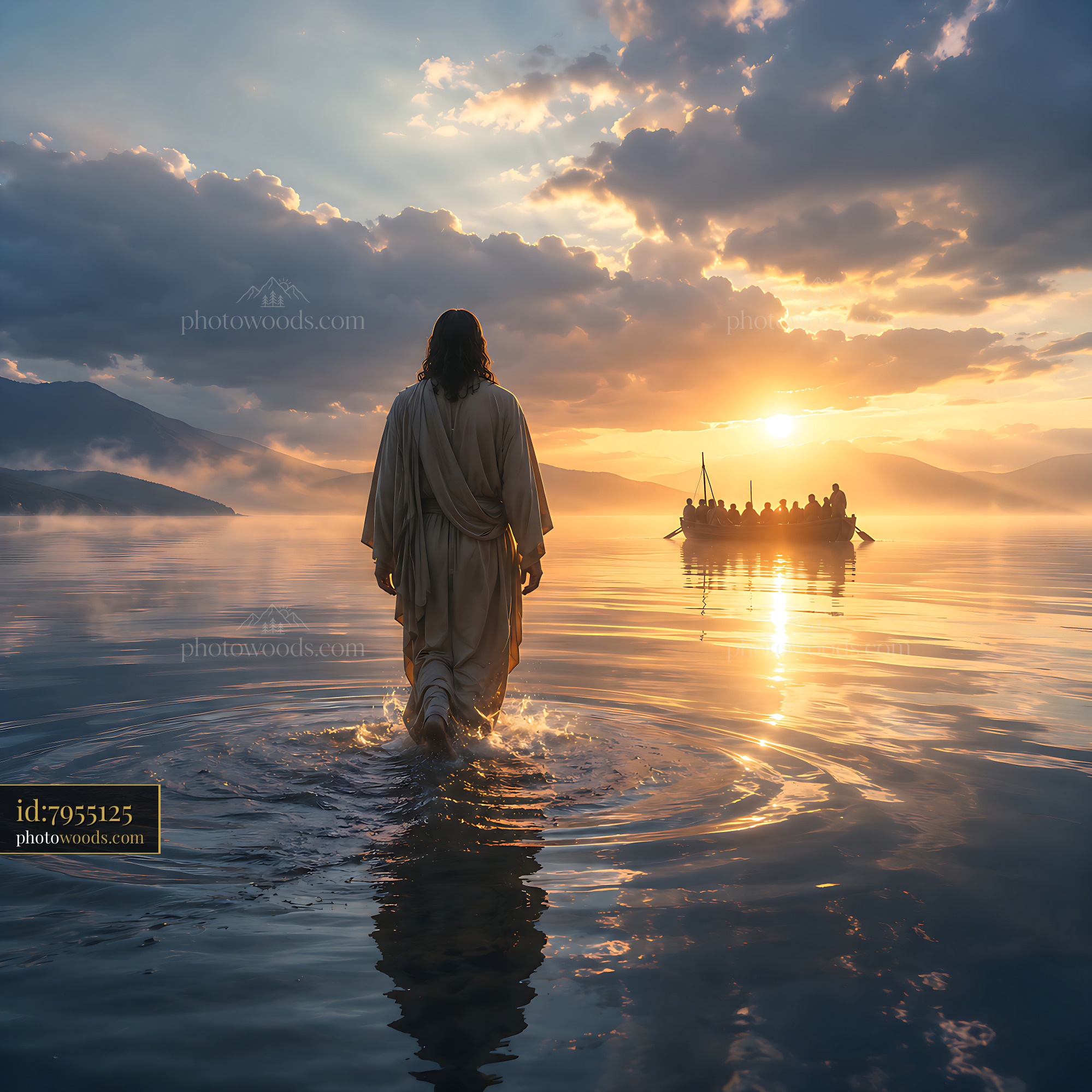 Jesus Walks on Water Toward a Boat at Sunset