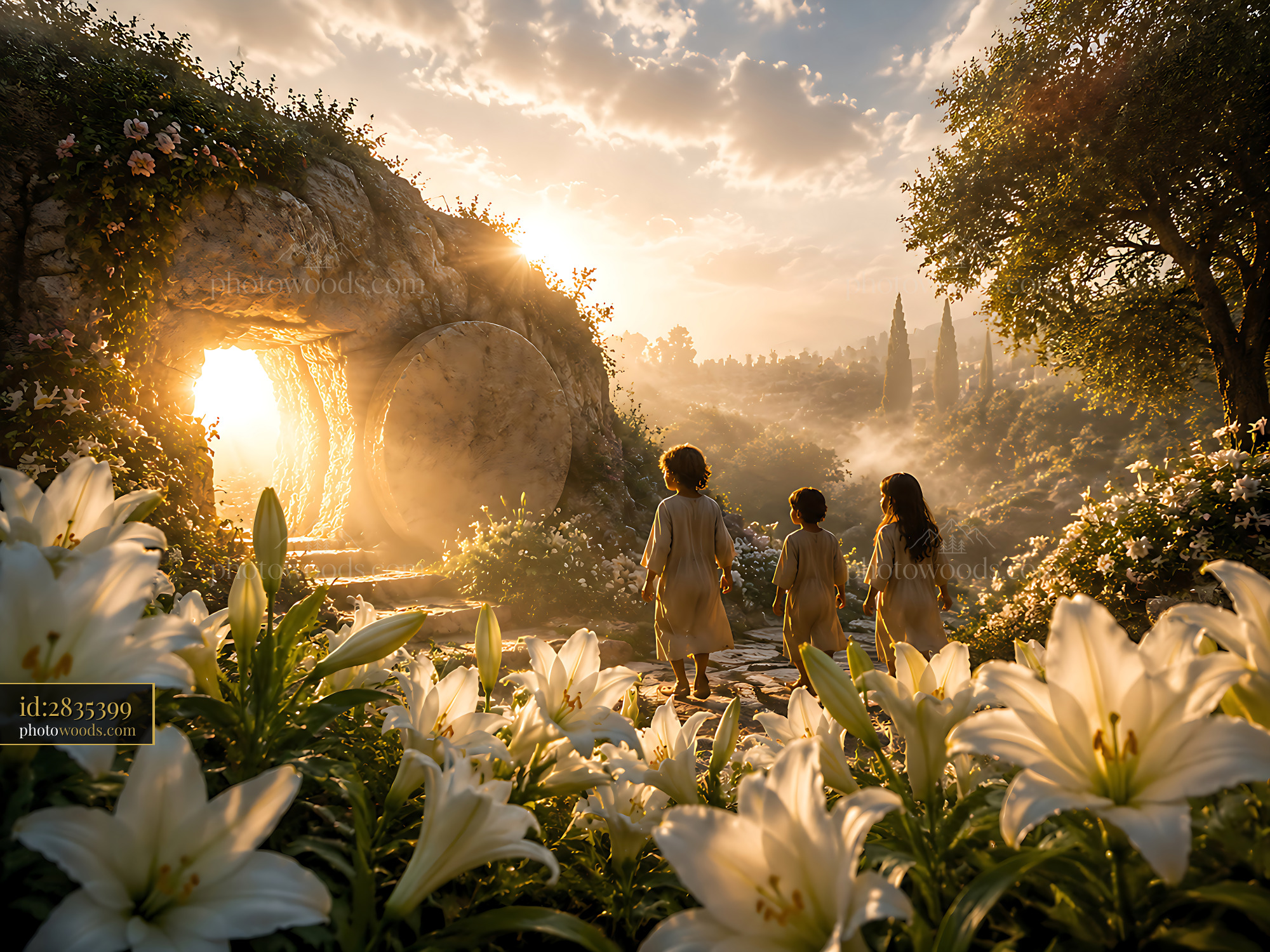Children Walking Towards a Cave Entrance in a Flower-Filled Landscape