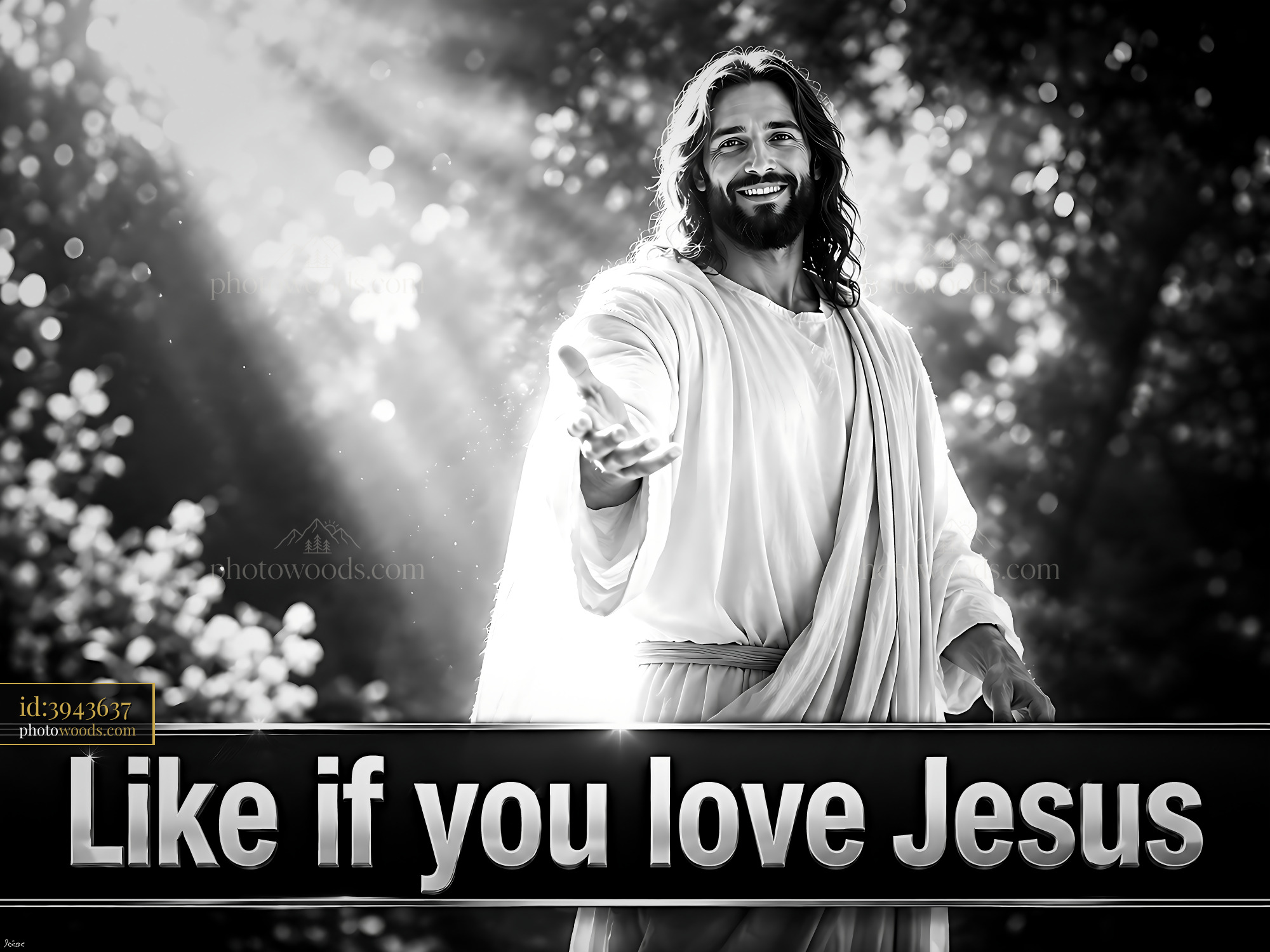 Jesus Reaching out With Open Hand in Light From Trees