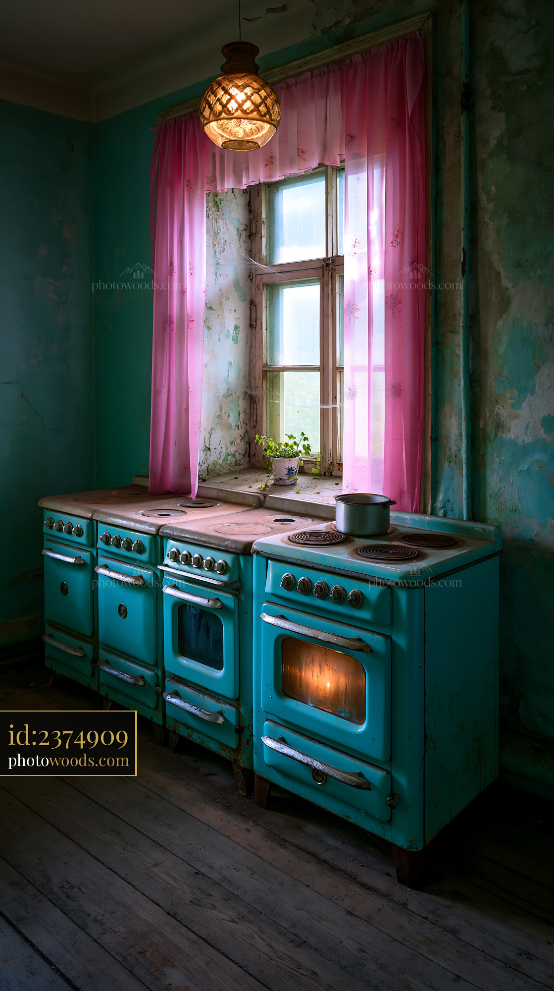 Old Stoves in a Grimy Communal Kitchen With Pink Curtains