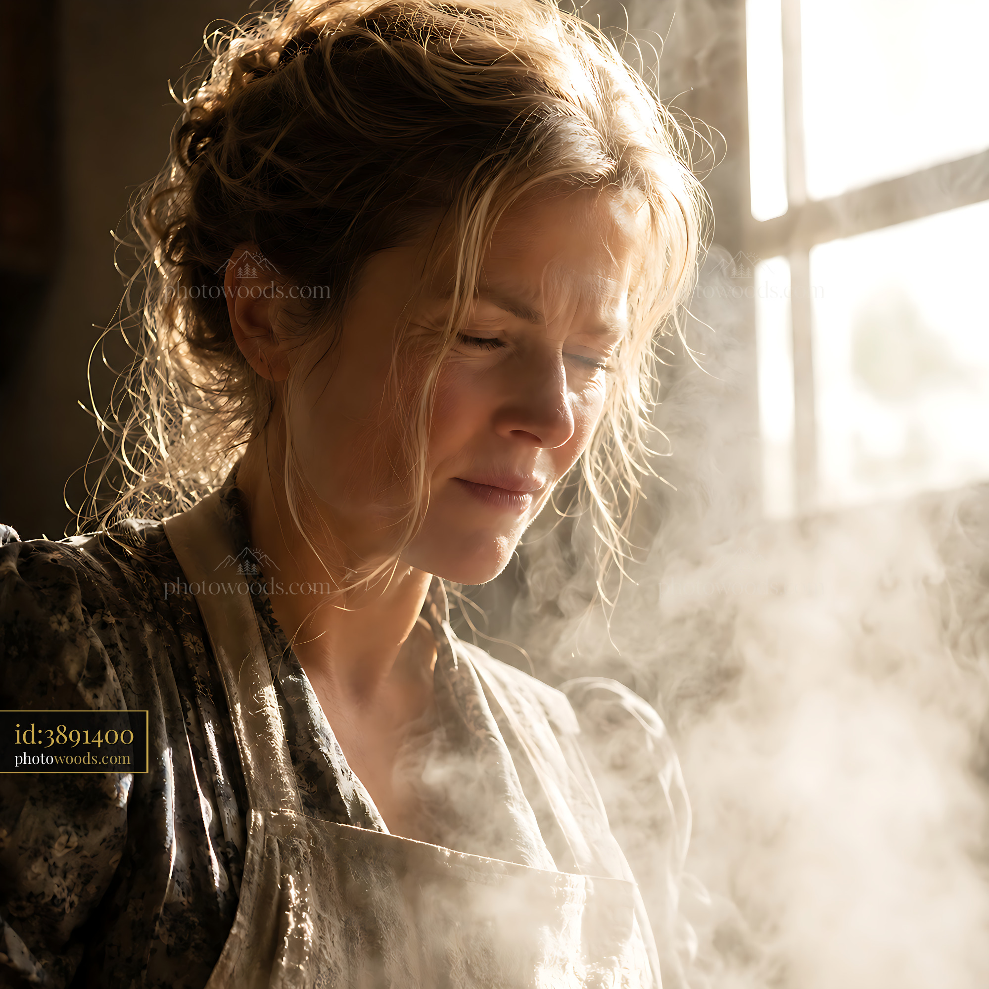 Woman Working in Kitchen, Steam Rising, Sunlight Filtering In