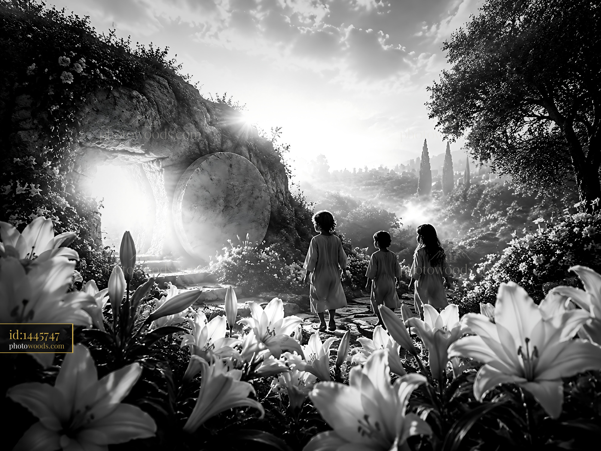 Children Walk Towards Light Near Flowers in a Garden Setting
