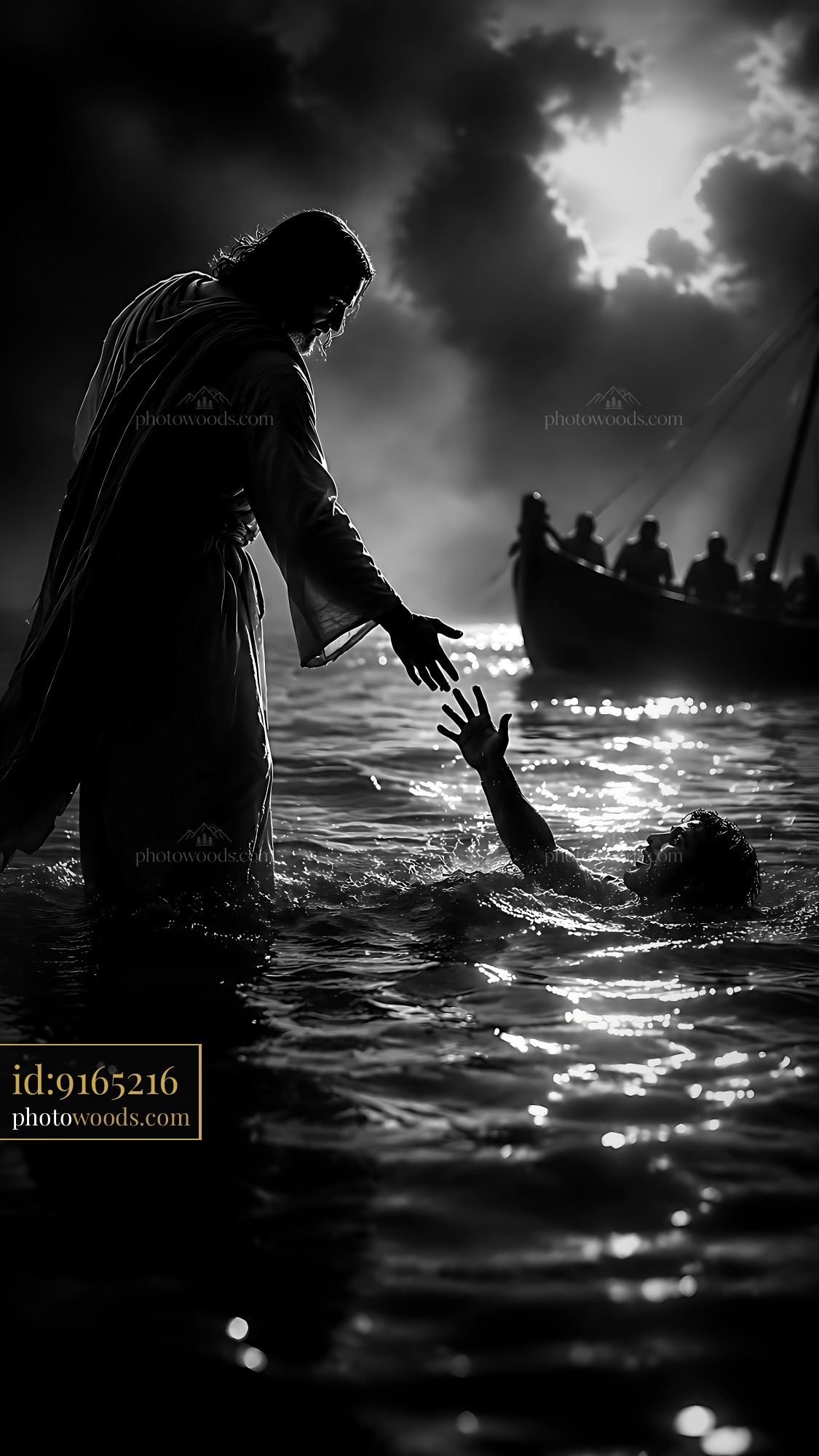 Jesus Reaching out to a Man in the Water During a Storm at Sea