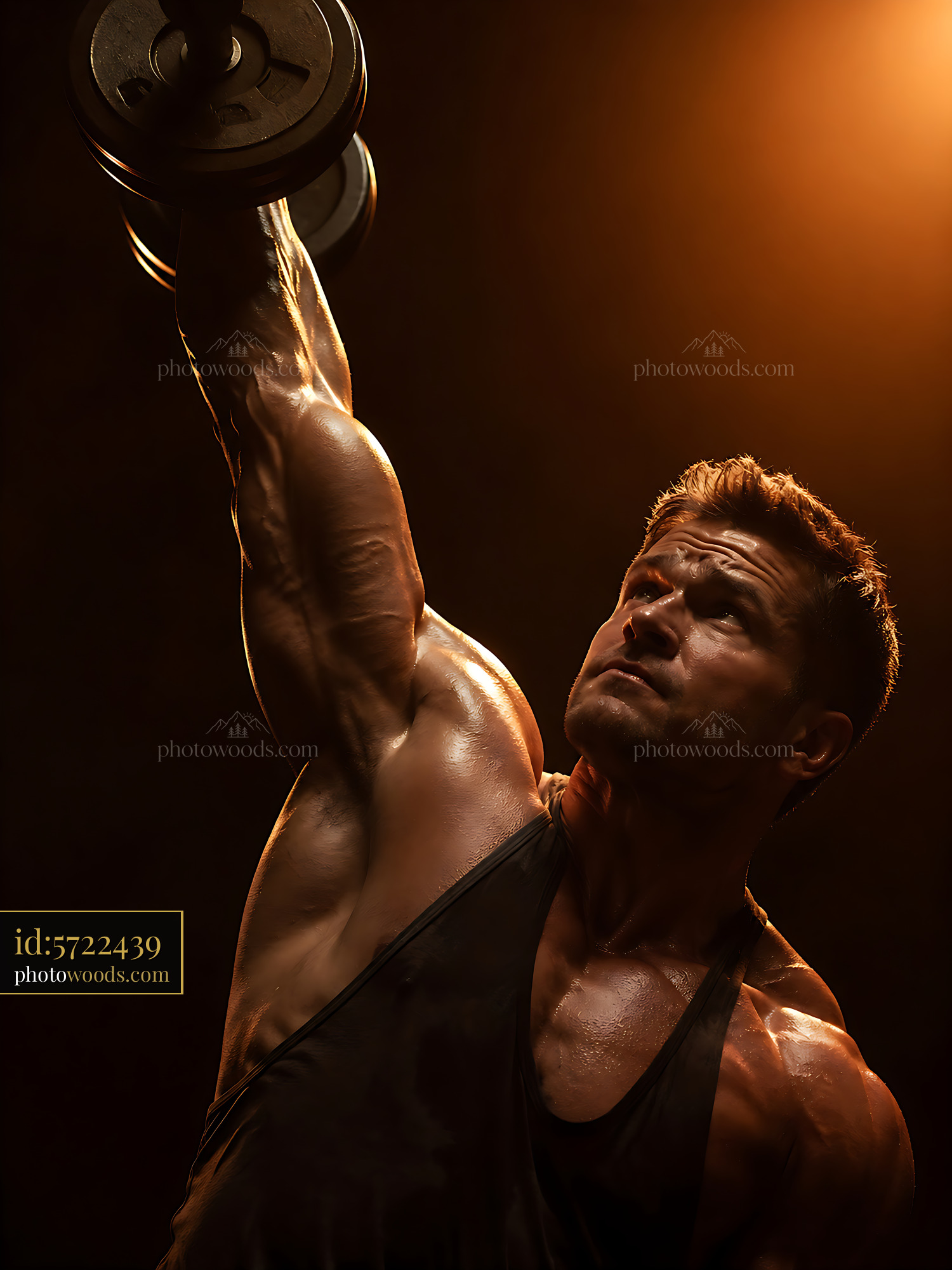Focused Man Lifting Dumbbell in Gym With Strong Physique