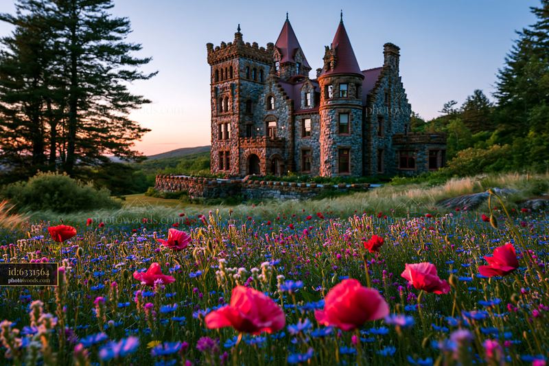Castle surrounded by colorful flowers at sunset