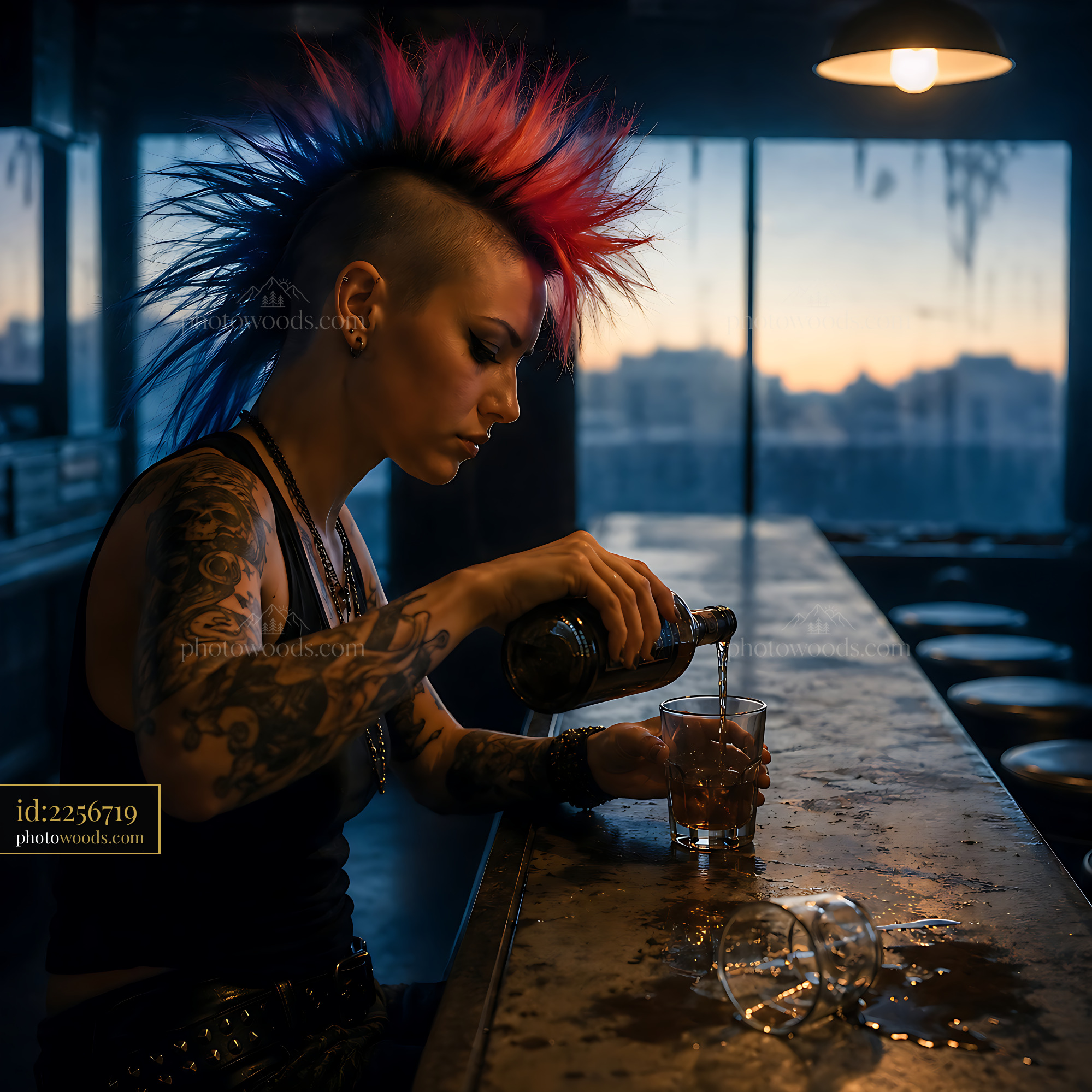 Woman Pours Drink at a Bar With Colorful Hair and Tattoos