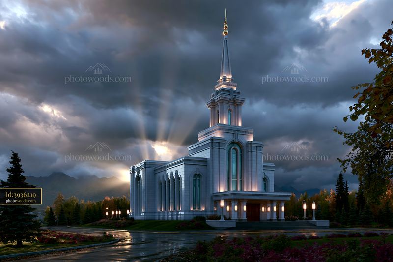 Church building with tall spire under cloudy sky at dusk