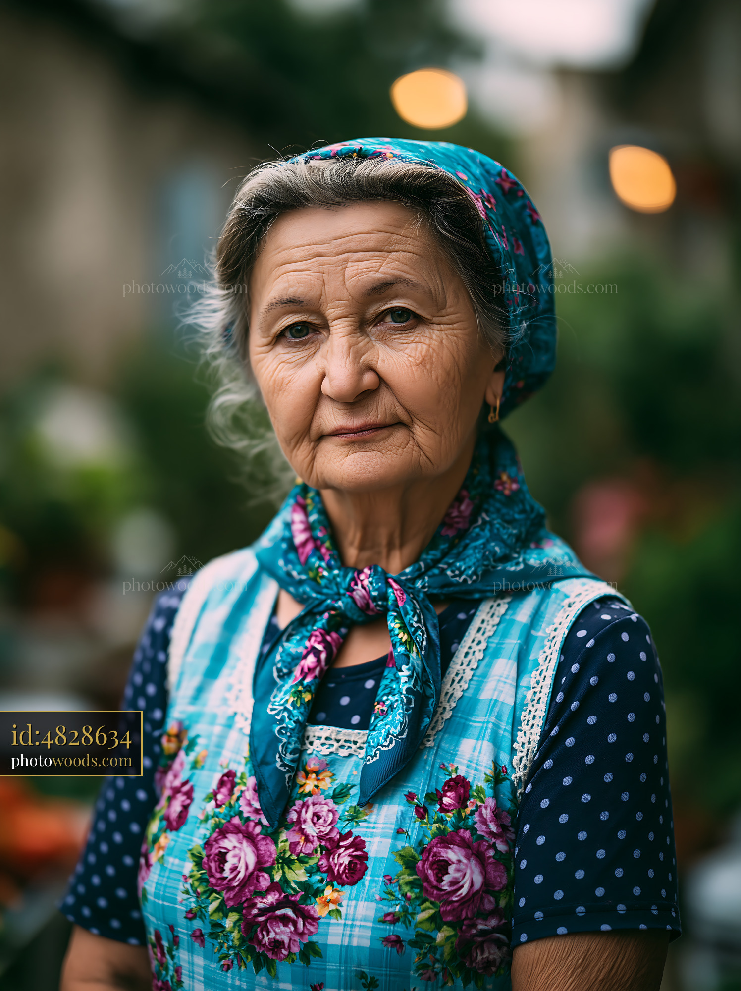 Elderly Woman Wearing Scarf and Floral Dress Stands Outdoors