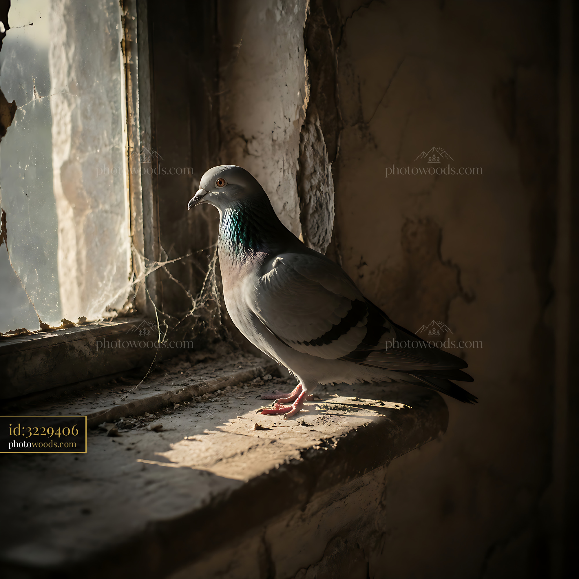 Pigeon Standing by Broken Window in Old Building With Sunlight