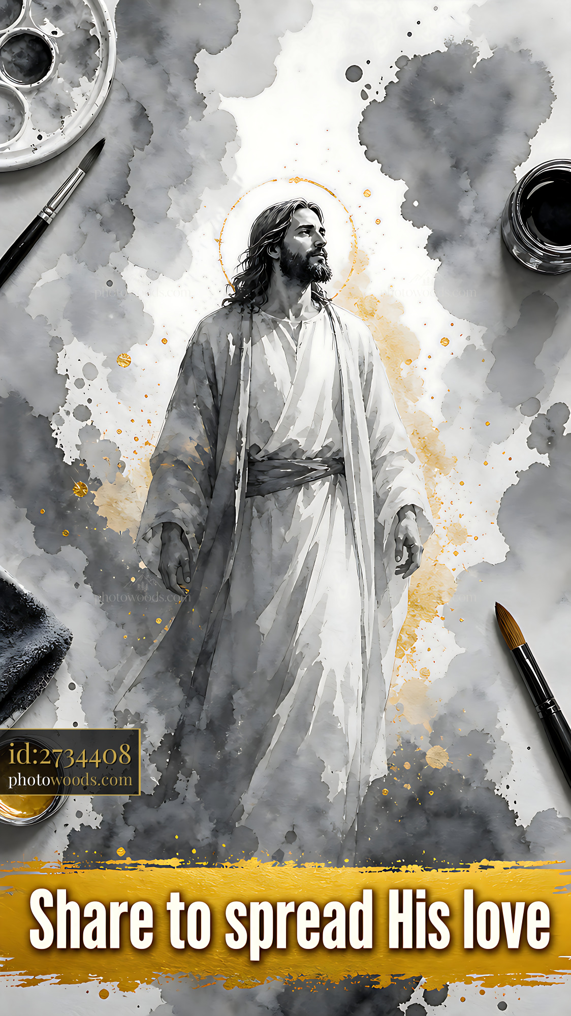 Jesus Walks Forward in a Watercolor Style With Golden Accents
