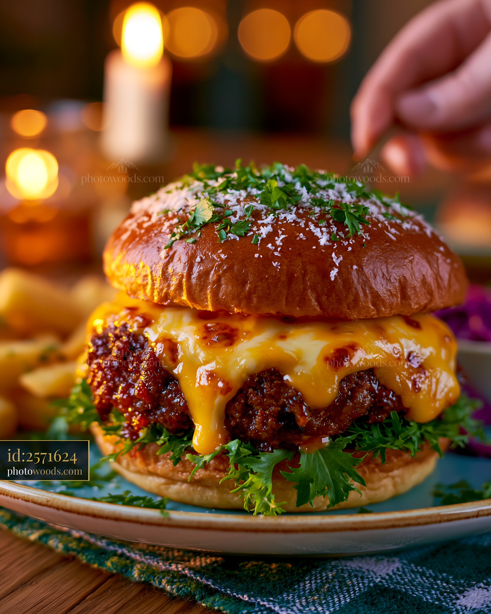 Juicy Smash Burger With Melting Cheese and Green Garnish