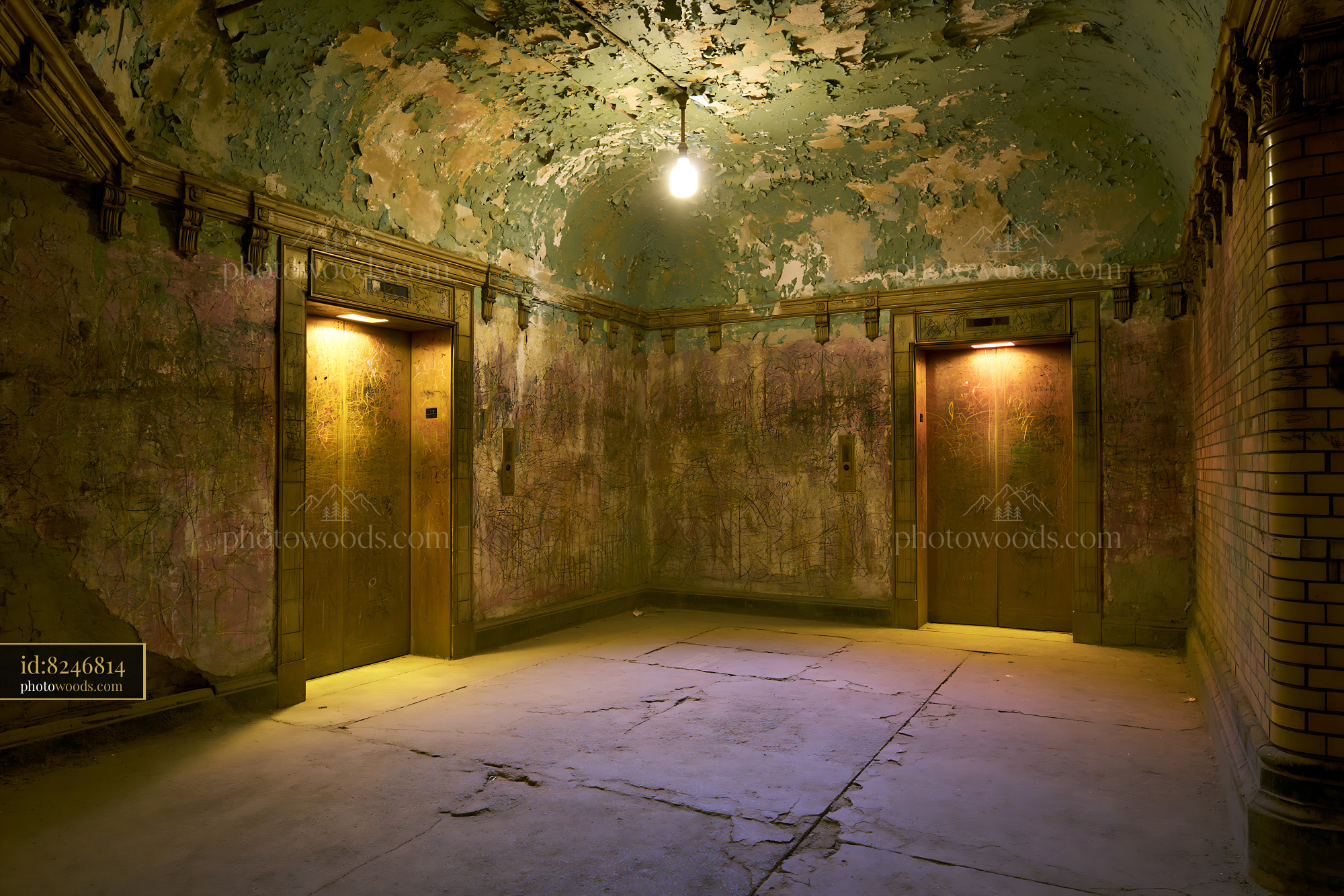 Shabby Elevator Lobby With Graffiti and Peeling Walls