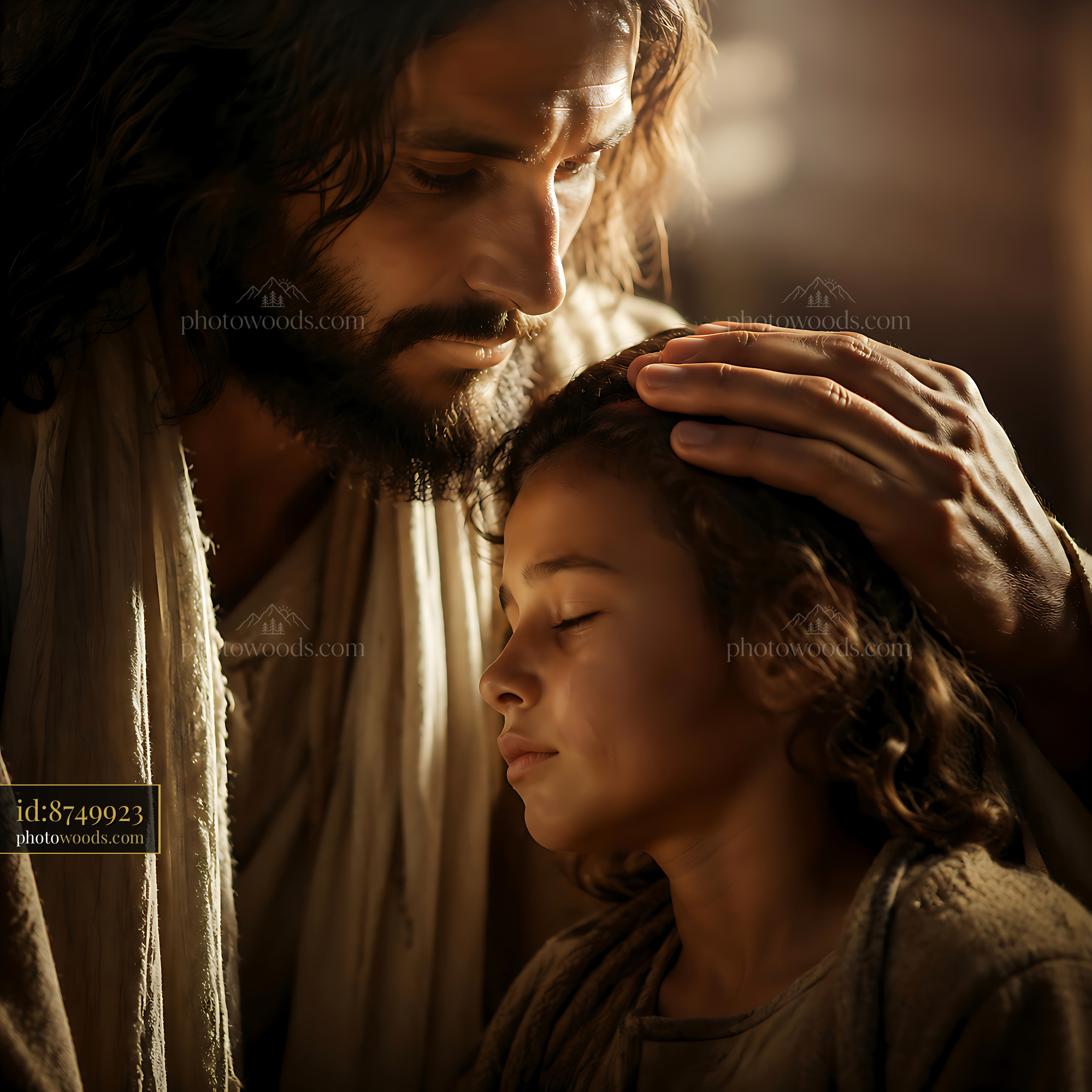 Man With Long Hair Touches Child's Head in Warm Light