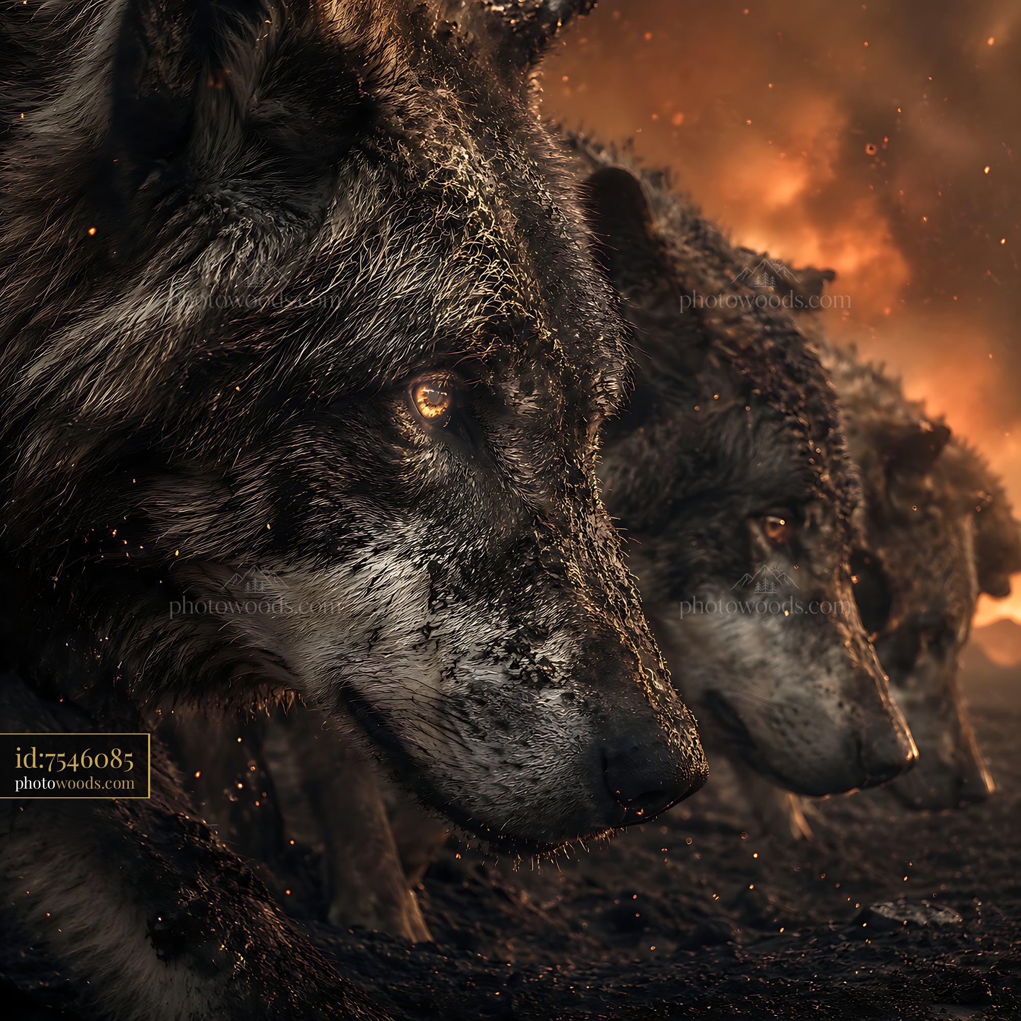 Wolves Watch Fire in the Dark Night Landscape With Glowing Eyes