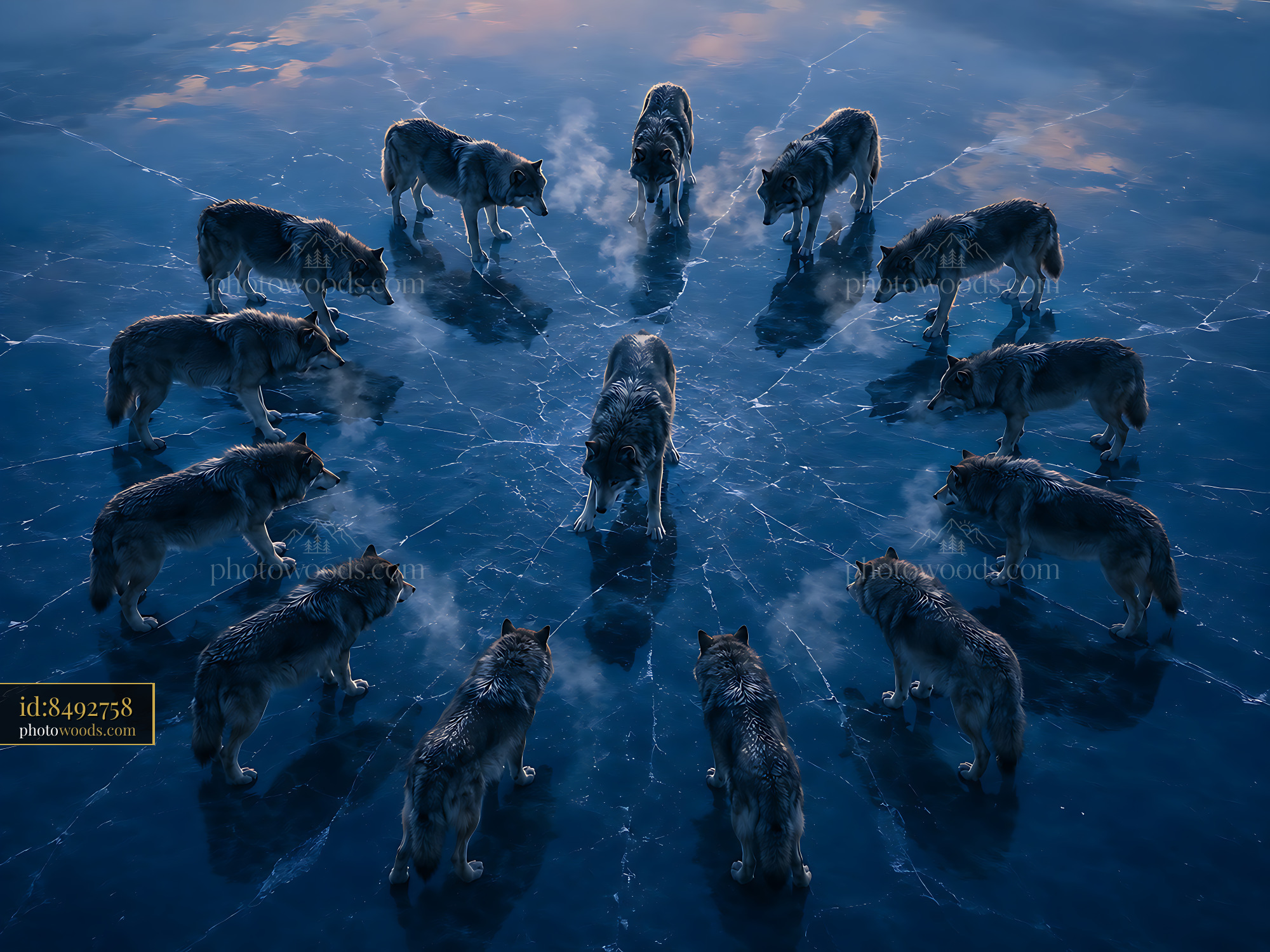 Wolves Gather in a Circle on Icy Ground at Dawn