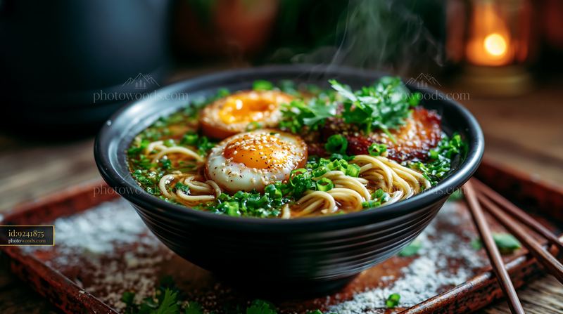 Bowl of Steaming Ramen With Soft Egg and Chashu