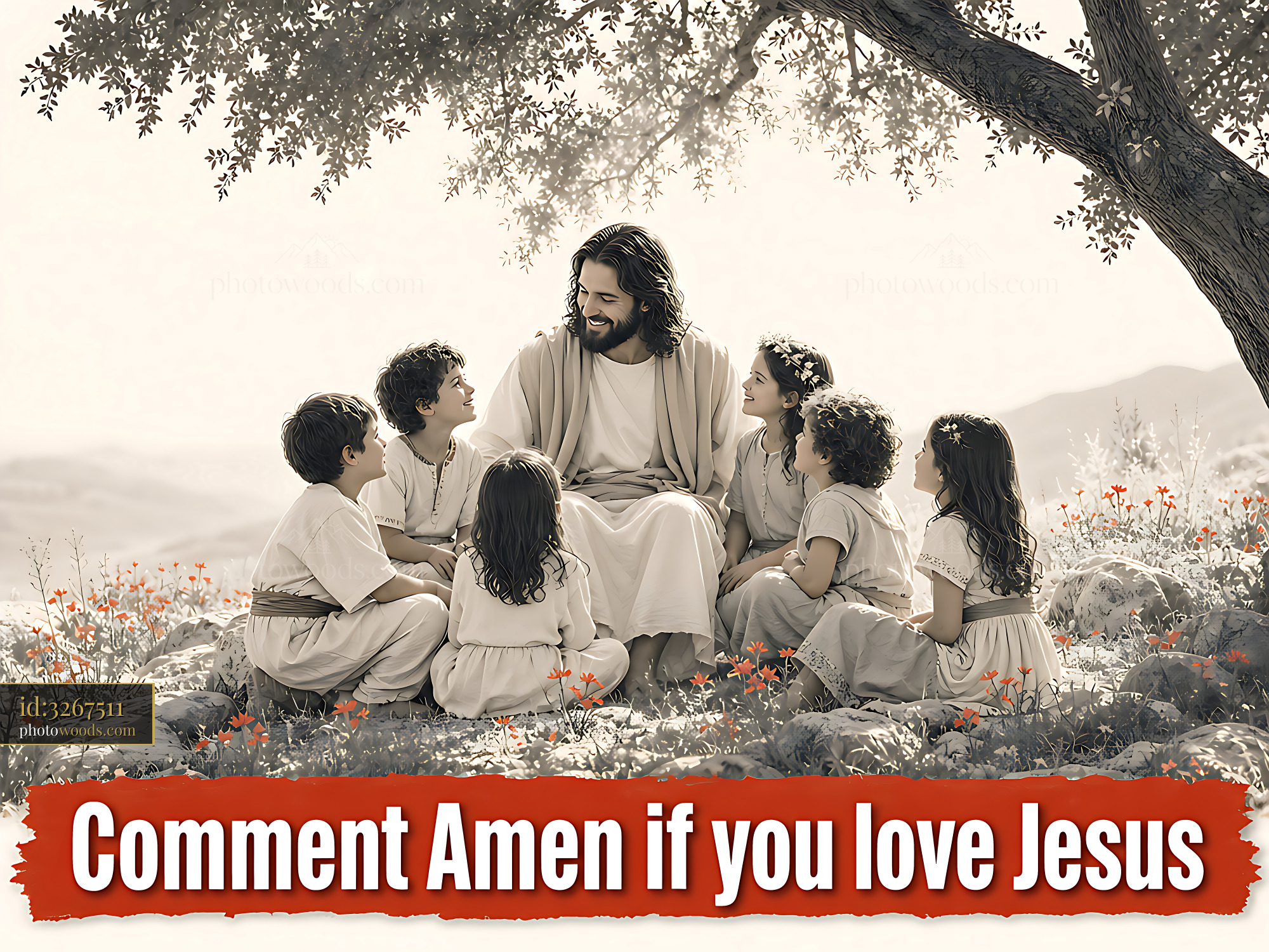 Jesus Sits With Children on Rocks Under a Tree in a Sunny Landscape