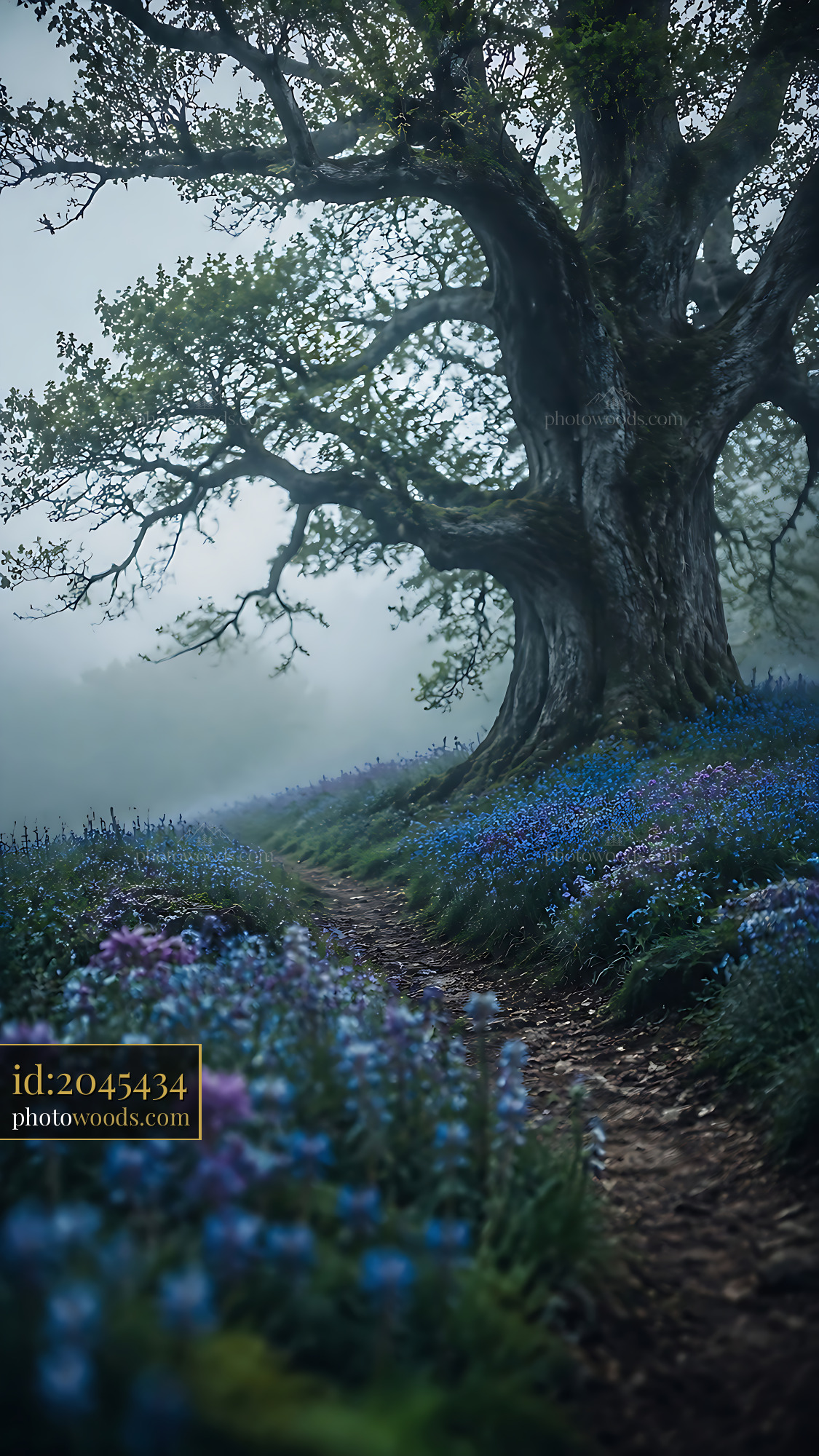 Tree Stands Tall Beside Blue Flowers on a Misty Morning