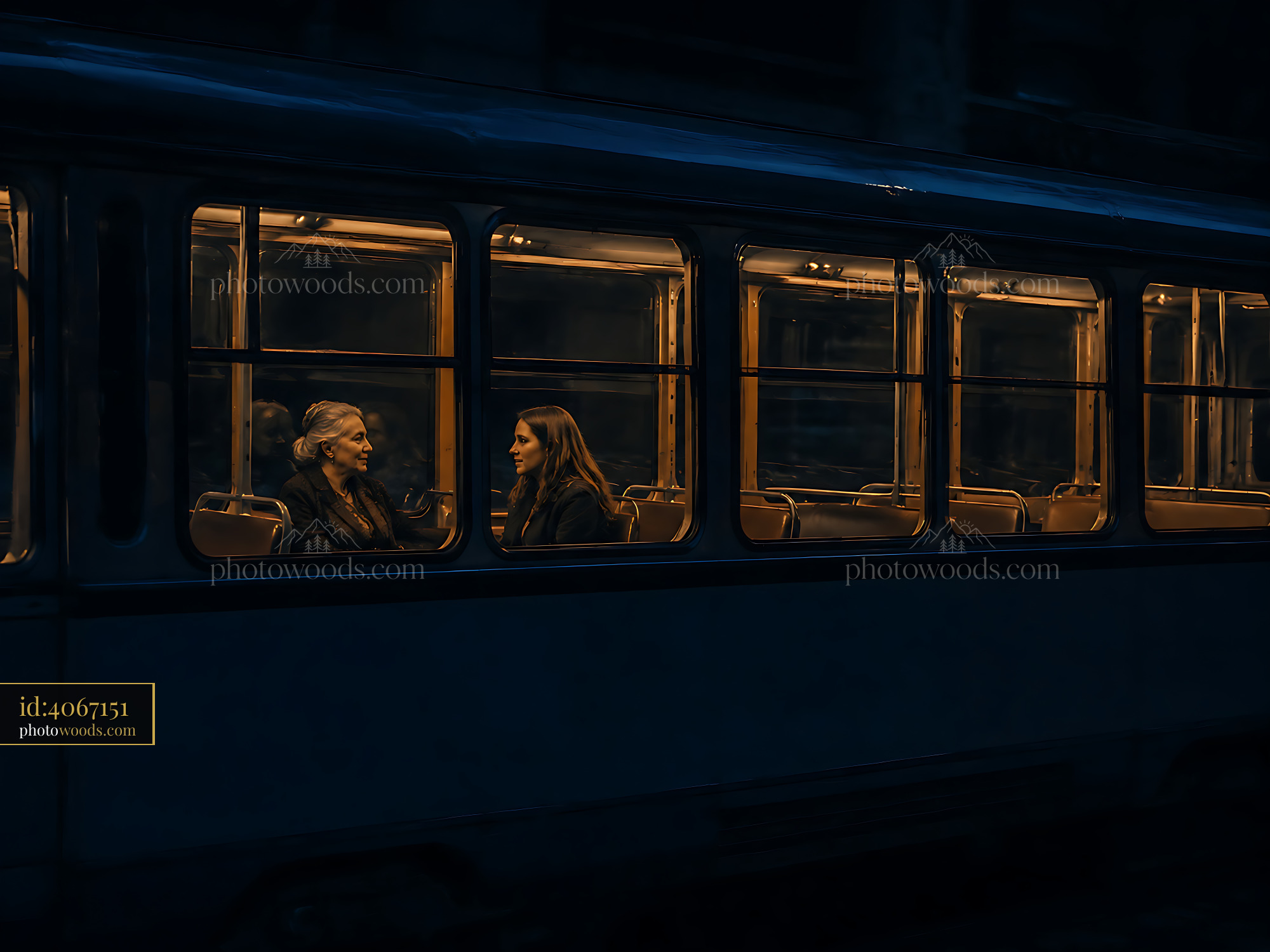 Two Women Talk in a Tram During the Night in a City Setting