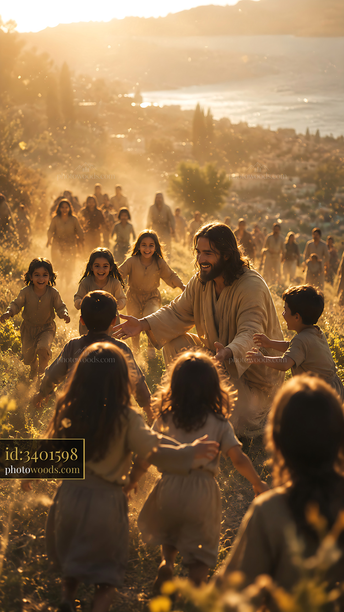 Jesus Among Children in a Golden Field During Sunset