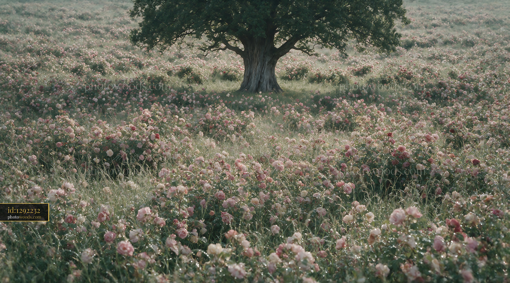 Flowering Rose Field With a Solitary Tree in Spring